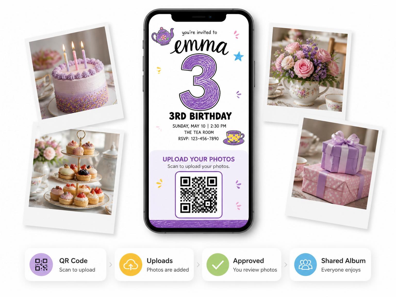 The shared photo gallery that comes with the Purple Crayon Sketch Tea 3rd Birthday invitation
