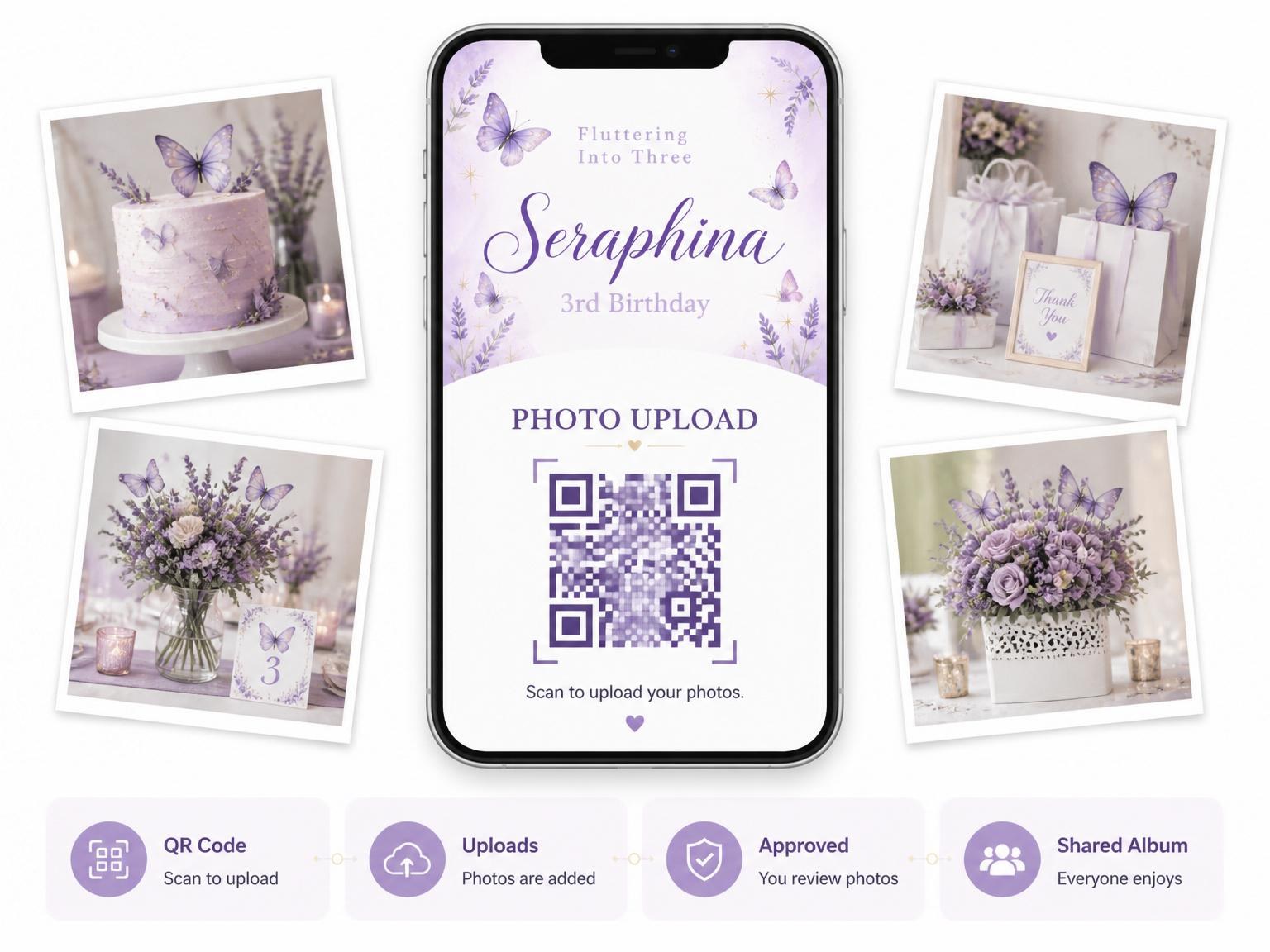 The shared photo gallery that comes with the Lavender Butterfly Fairy 3rd Birthday invitation