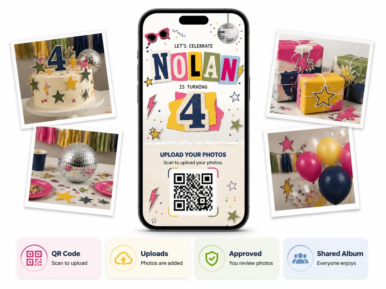 The shared photo gallery that comes with the Retro Paper Collage 4th Birthday Invitation invitation