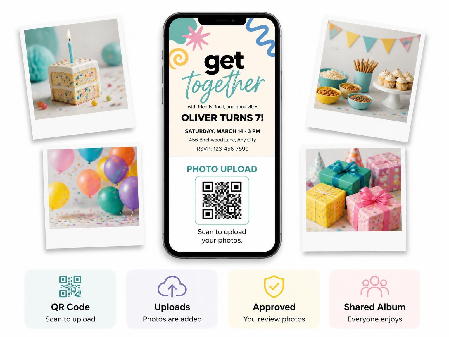 The shared photo gallery that comes with the Cream Doodle Modern 7th Birthday Invitation invitation