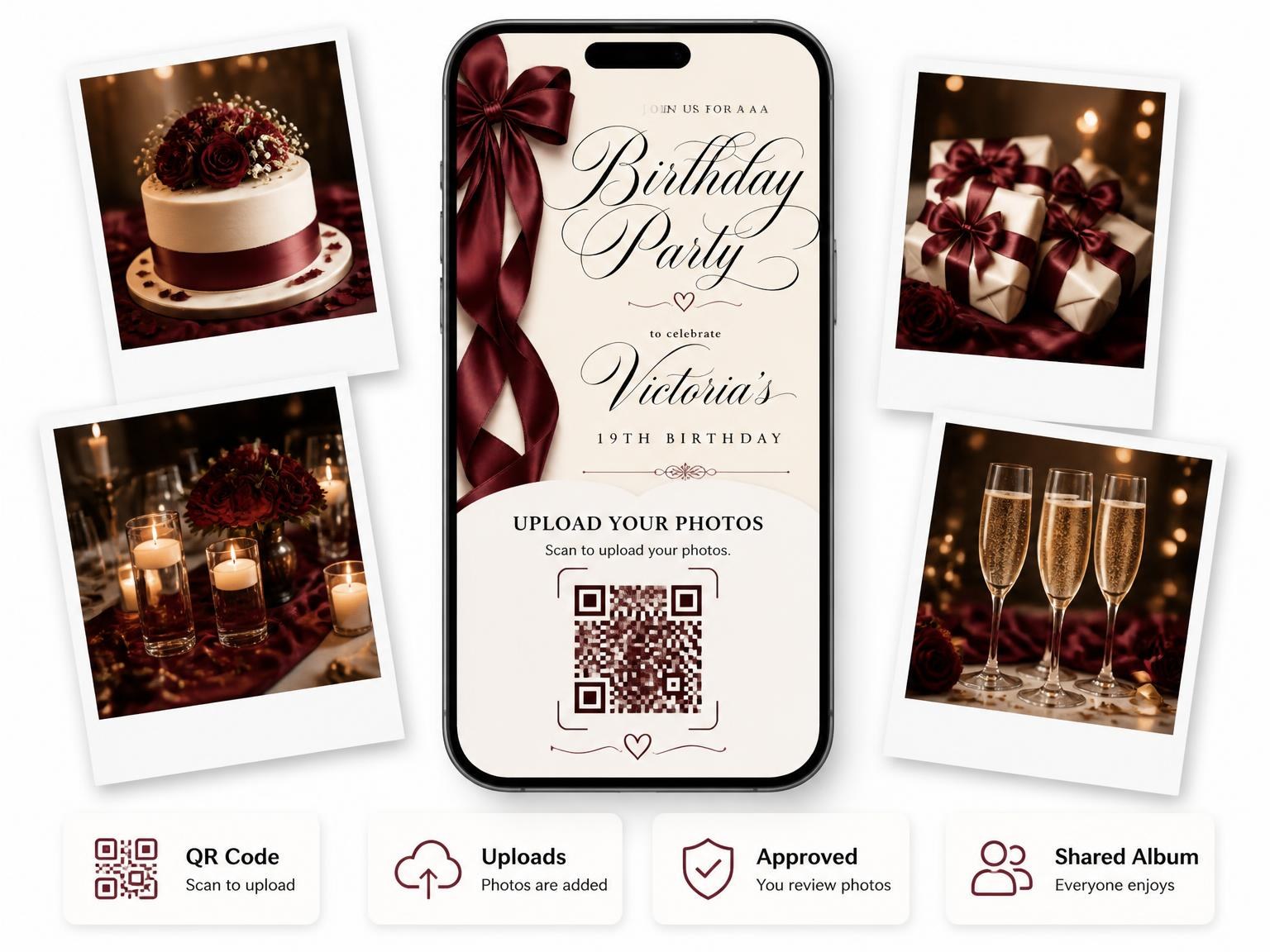 The shared photo gallery that comes with the Burgundy Satin Bow 19th Birthday Invitation invitation