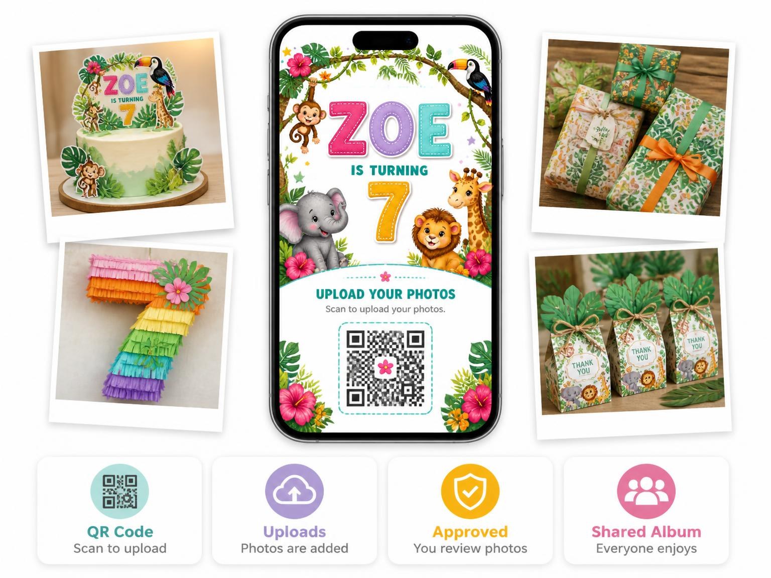 The shared photo gallery that comes with the Stitched Safari 7th Birthday Invitation invitation