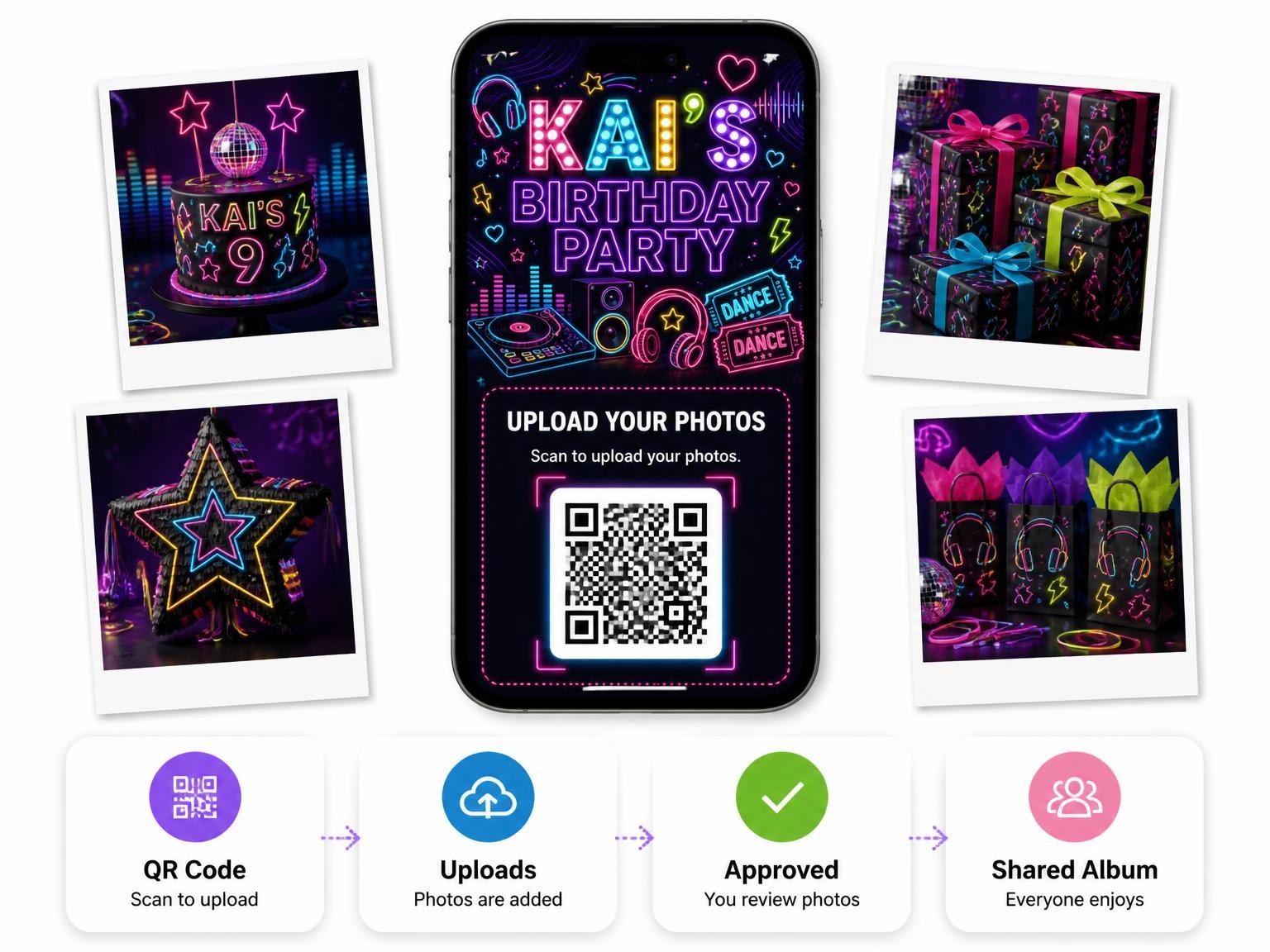 The shared photo gallery that comes with the Neon Dance Party 9th Birthday Invitation invitation