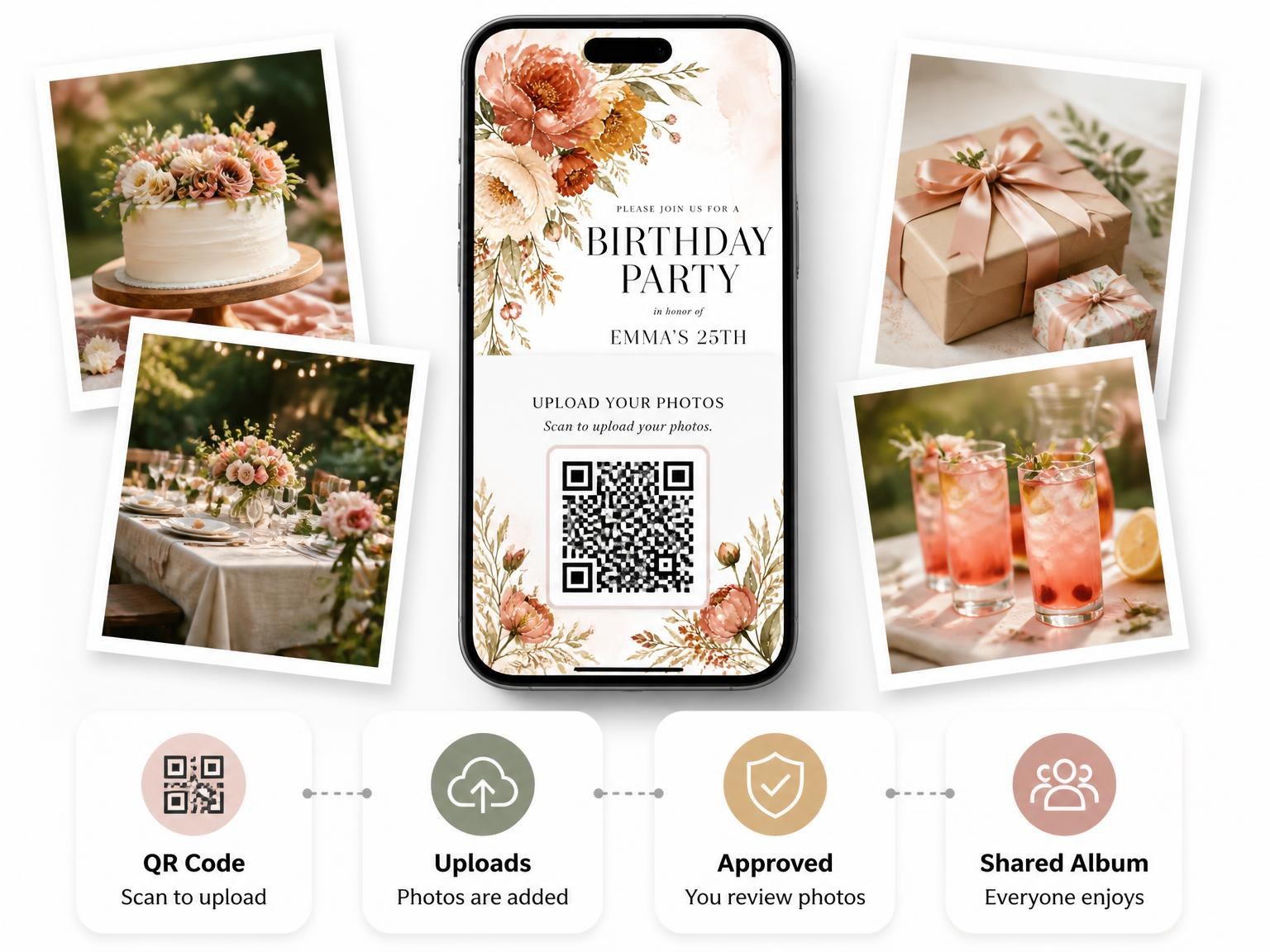 The shared photo gallery that comes with the Terracotta Floral Bouquet 25th Birthday Invitation invitation