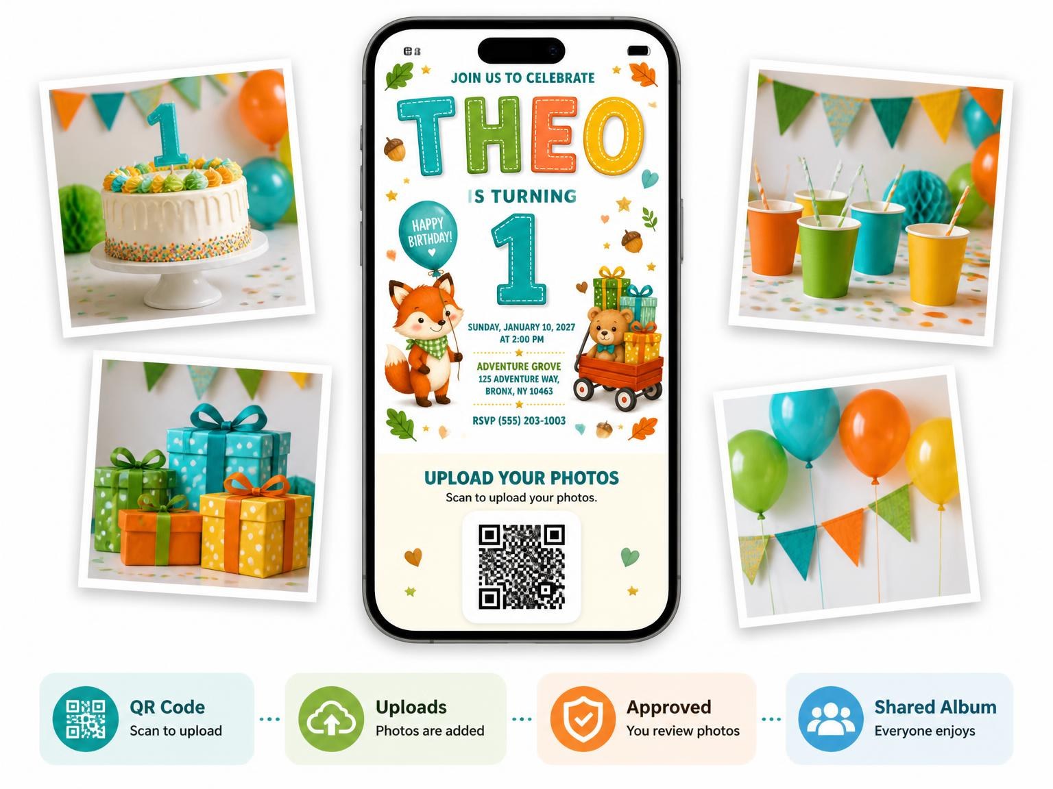 The shared photo gallery that comes with the Stitched Woodland Friends 1st Birthday Invitation invitation