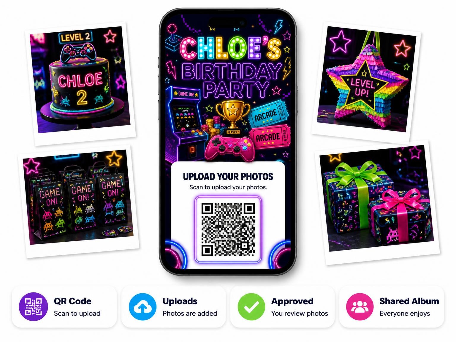 The shared photo gallery that comes with the Neon Arcade 2nd Birthday Invitation invitation