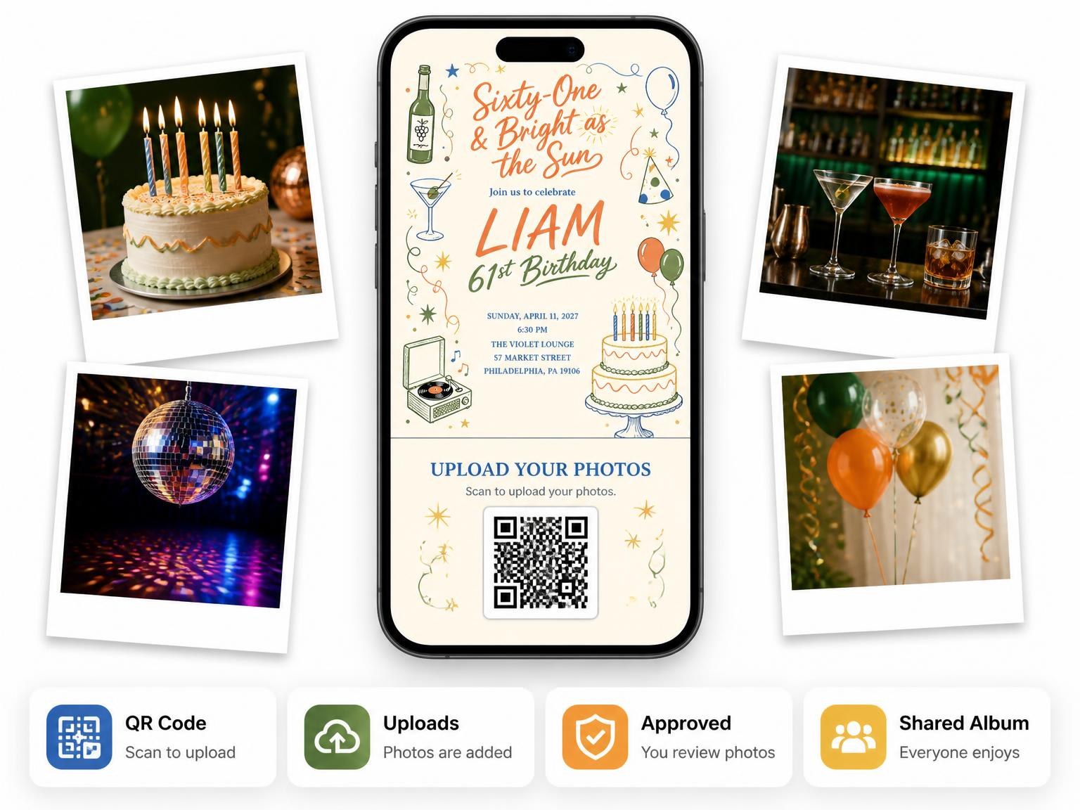 The shared photo gallery that comes with the Retro Doodle 61st Birthday Invitation invitation