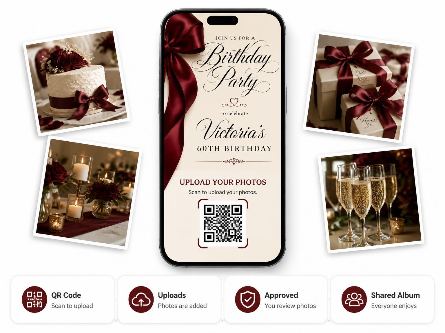 The shared photo gallery that comes with the Burgundy Satin Bow 60th Birthday Invitation invitation