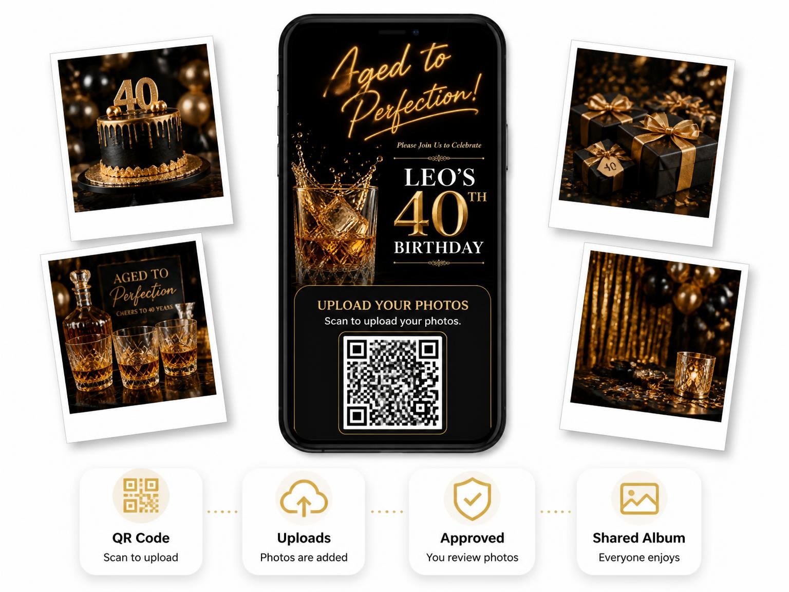 The shared photo gallery that comes with the Whiskey Tumbler 40th Birthday Invitation invitation