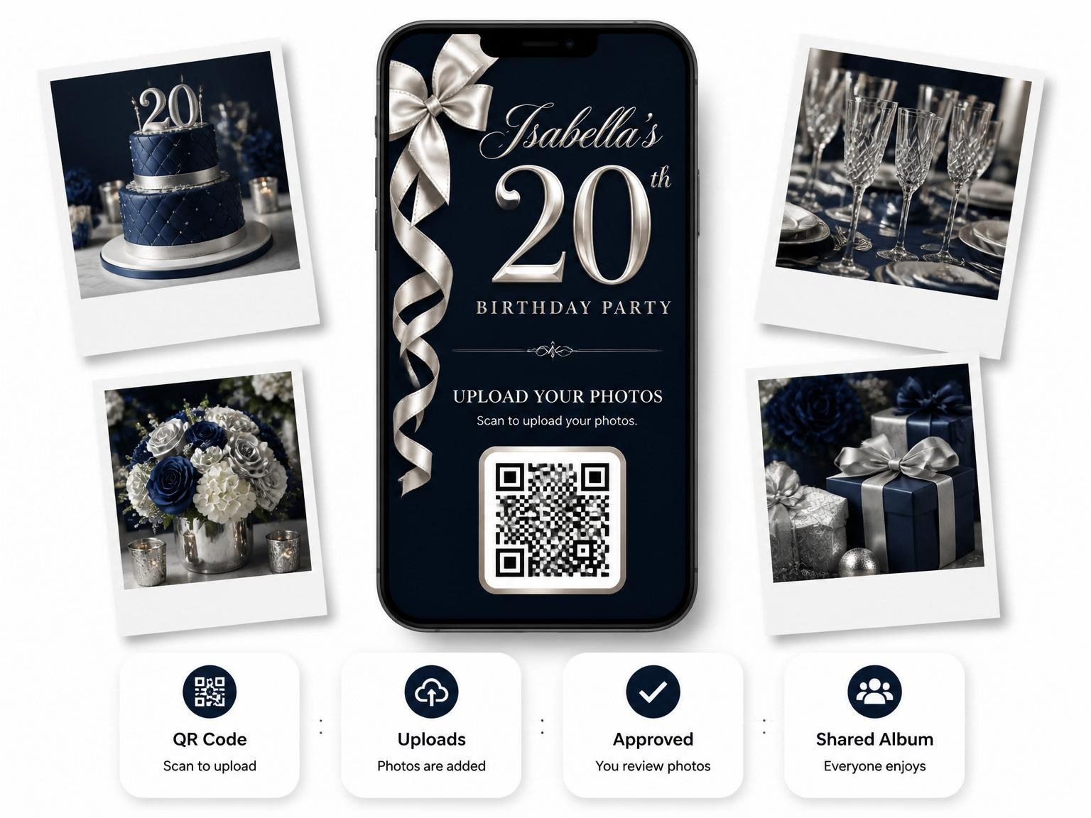The shared photo gallery that comes with the Elegant Navy 20th Birthday Invitation invitation