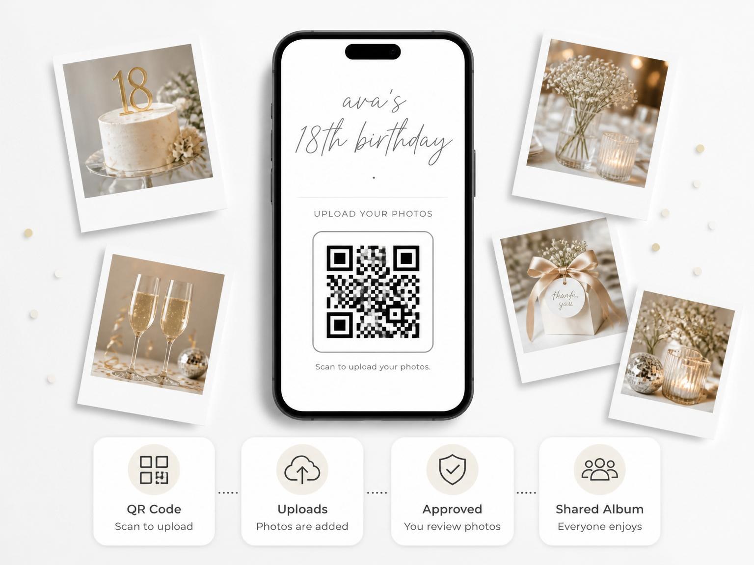 The shared photo gallery that comes with the Charcoal Script Minimalist 18th Birthday invitation