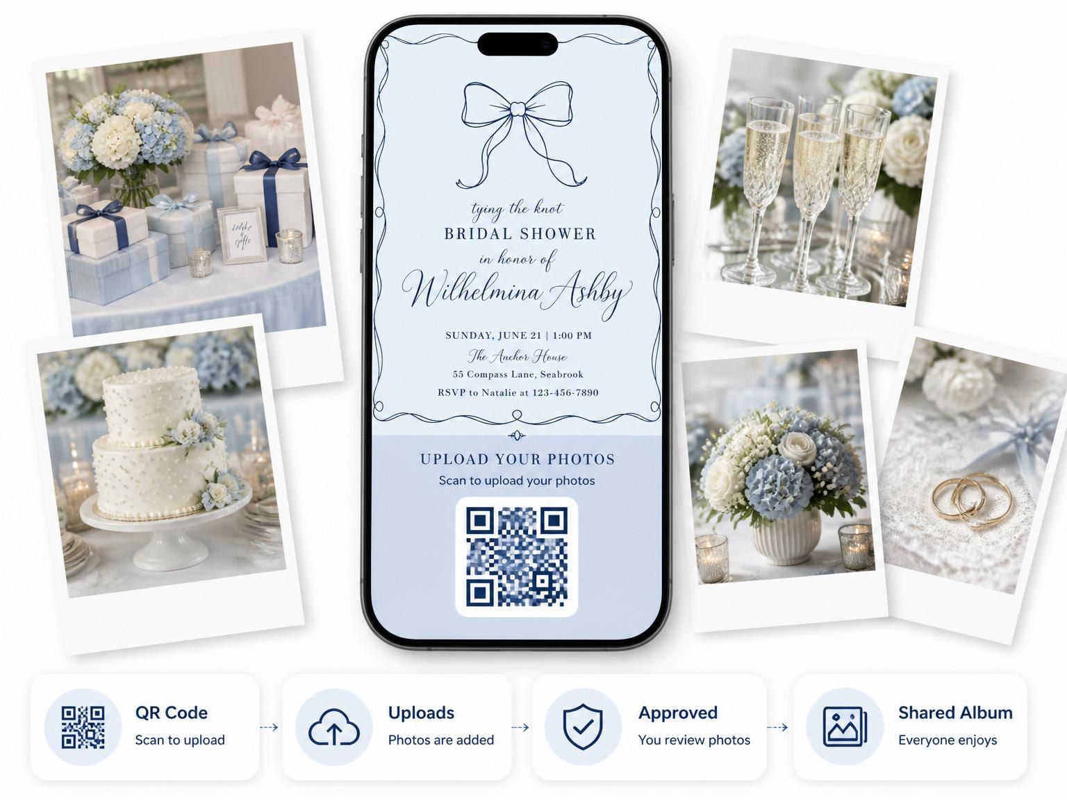 The shared photo gallery that comes with the Navy Ribbon Sketch Bridal Shower invitation