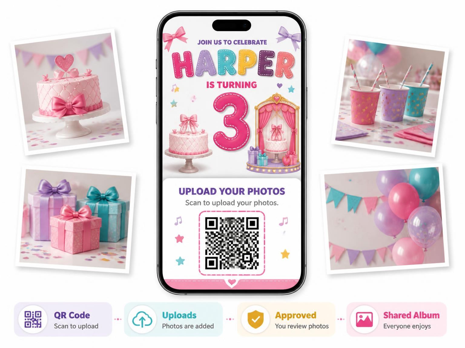 The shared photo gallery that comes with the Ballerina Bunny 3rd Birthday Invitation invitation