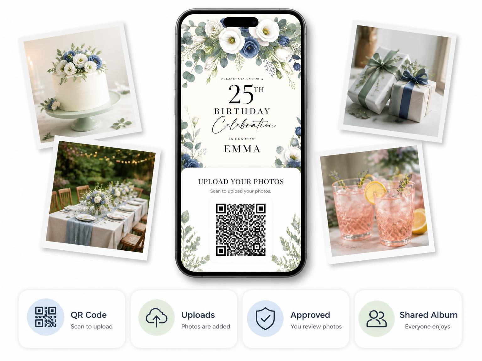 The shared photo gallery that comes with the Floral Garland Dusty Blue 25th Birthday Invitation invitation