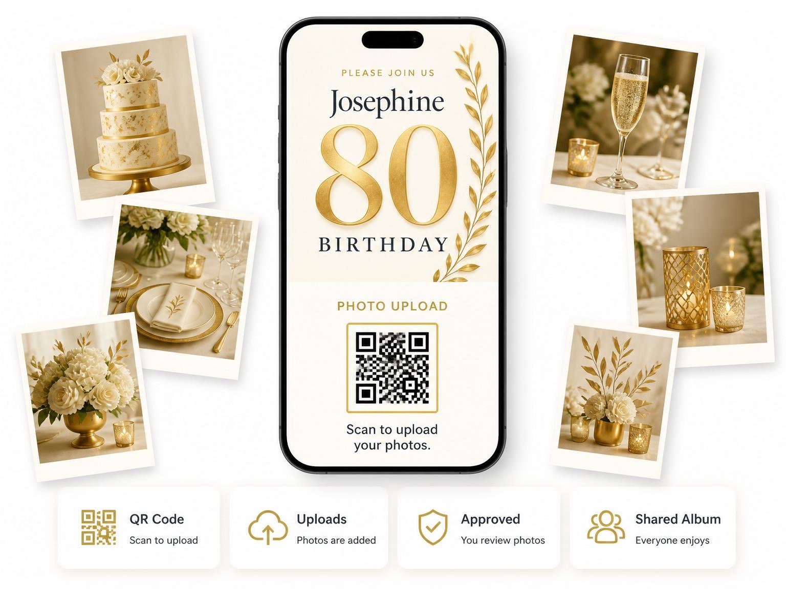 The shared photo gallery that comes with the Gold Foil Laurel 80th Birthday invitation
