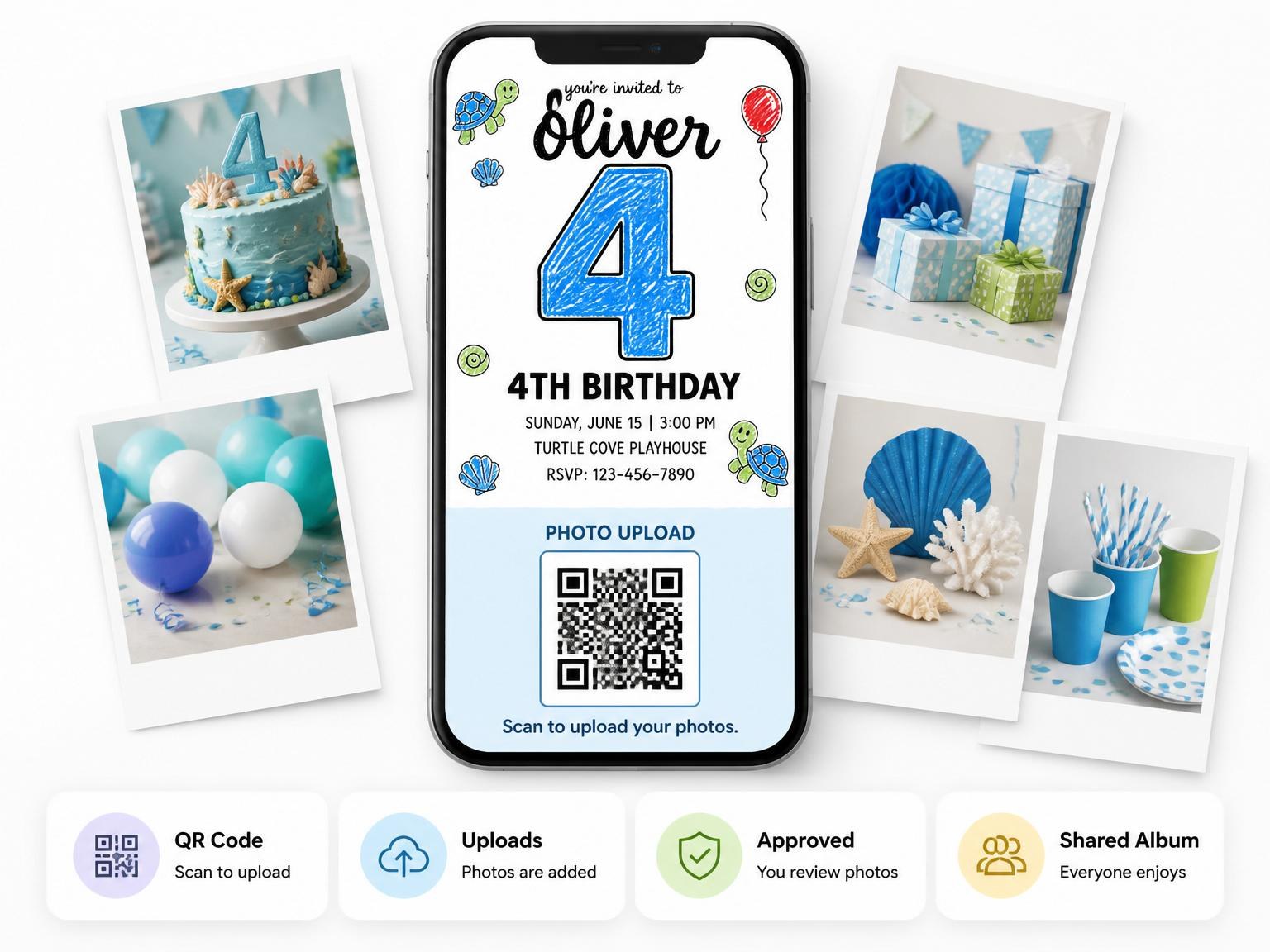 The shared photo gallery that comes with the Crayon Sea Turtle 4th Birthday invitation