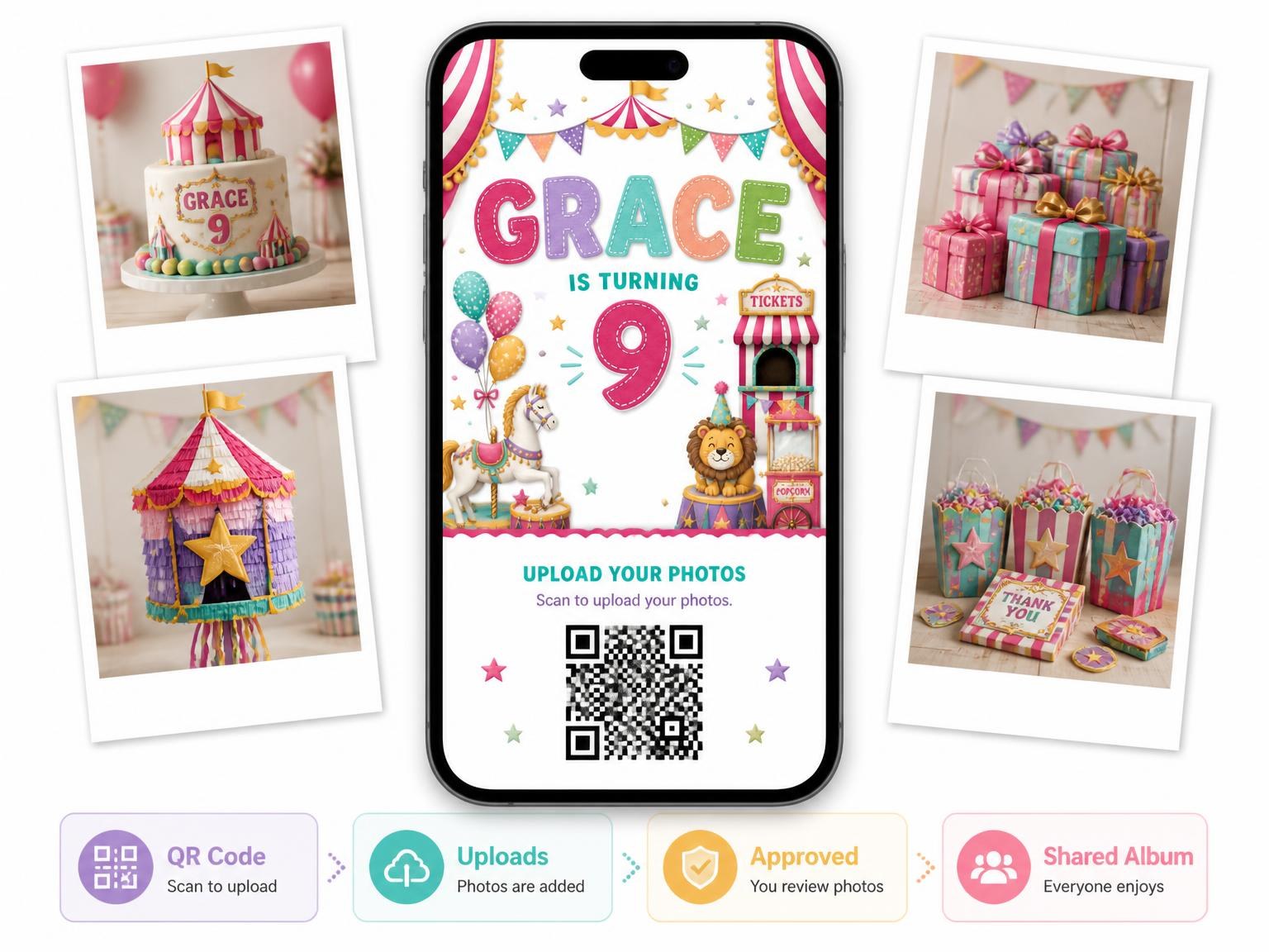 The shared photo gallery that comes with the Stitched Circus 9th Birthday Invitation invitation