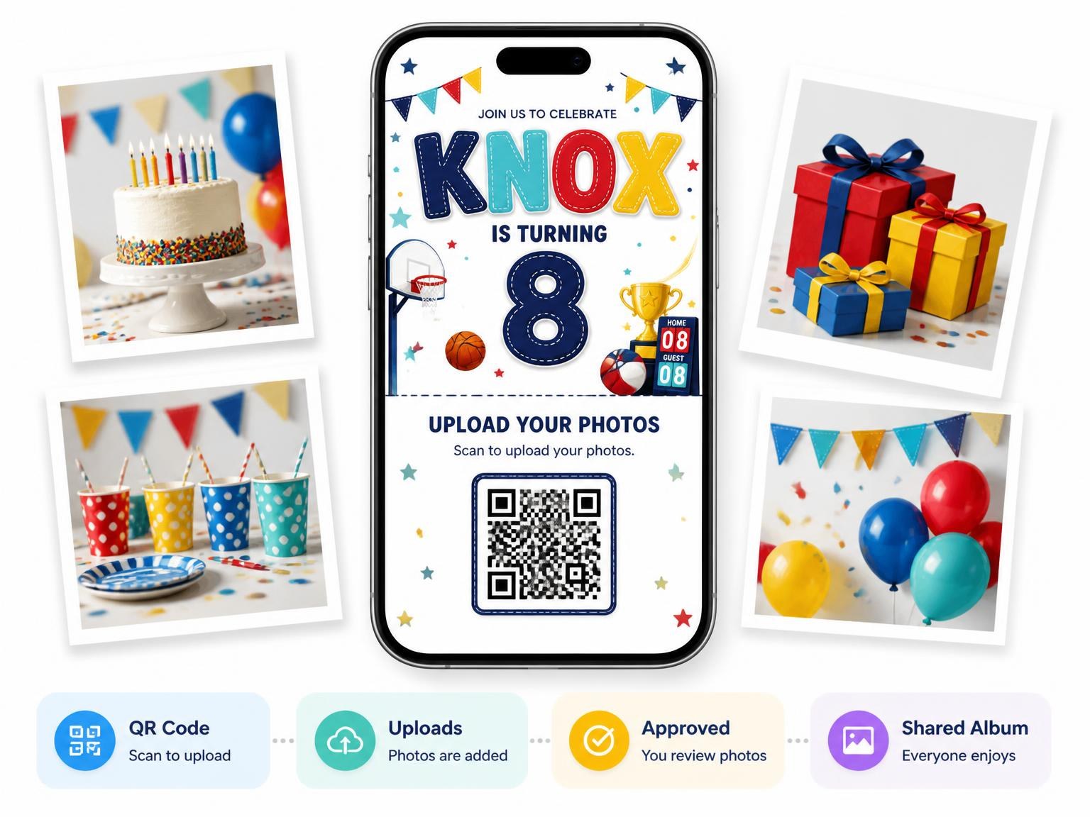 The shared photo gallery that comes with the Hoop Backboard Stitched 8th Birthday Invitation invitation