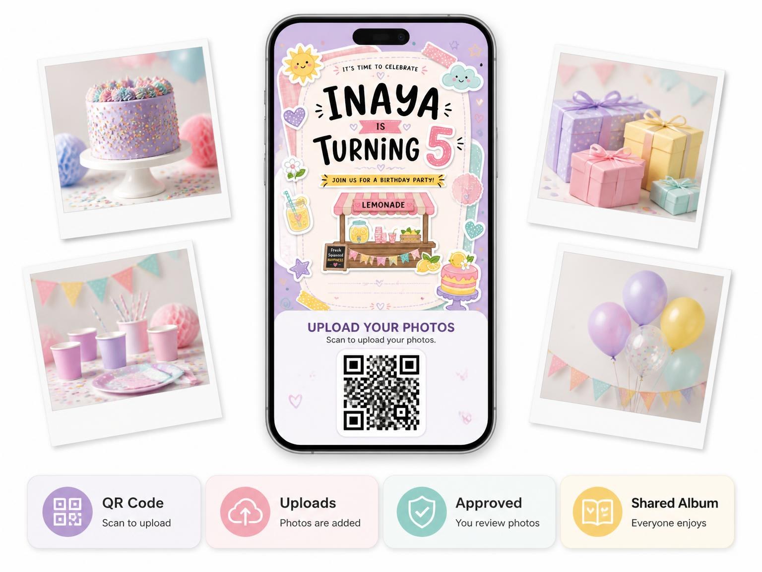 The shared photo gallery that comes with the Lemonade Stand Pastel 5th Birthday Invitation invitation