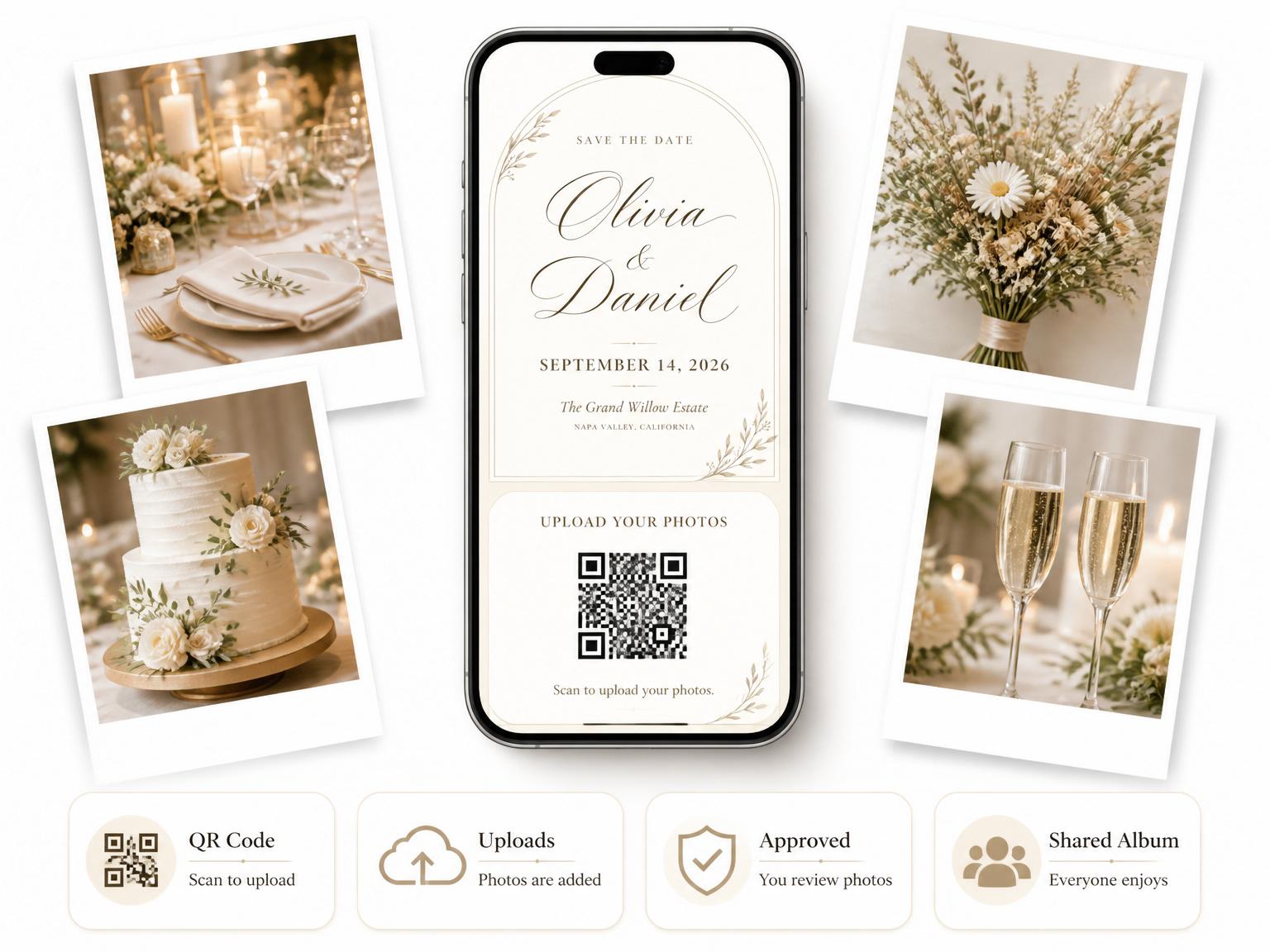 The shared photo gallery that comes with the Minimalist Willow Arch Wedding Suite invitation