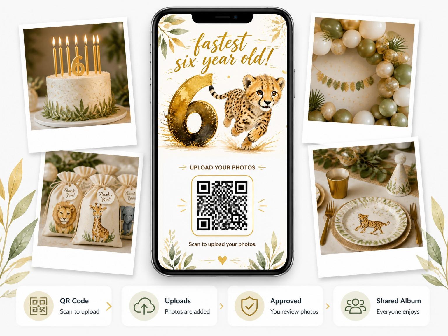 The shared photo gallery that comes with the Gold Cheetah Watercolor 6th Birthday Invitation invitation