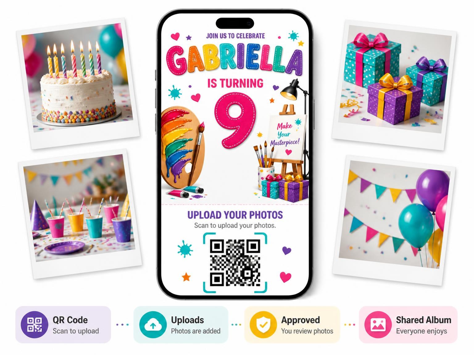 The shared photo gallery that comes with the Easel Stitched 9th Birthday Invitation invitation