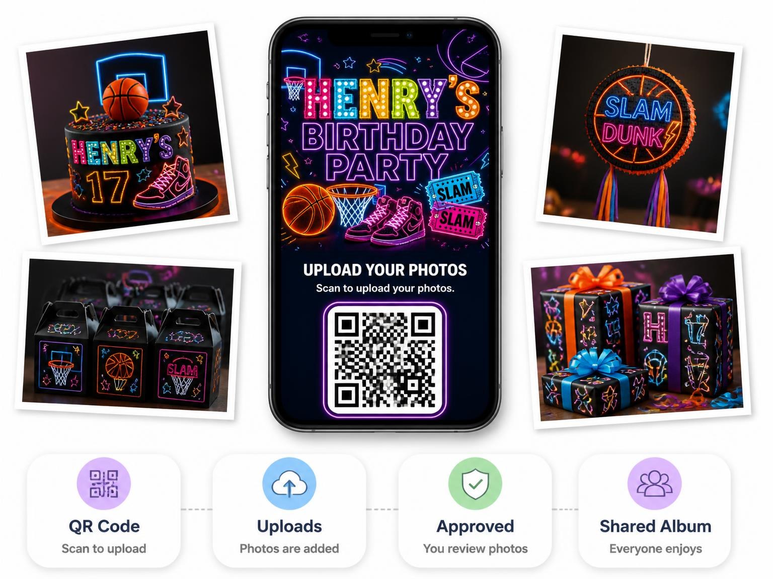 The shared photo gallery that comes with the Neon Basketball 17th Birthday Invitation invitation
