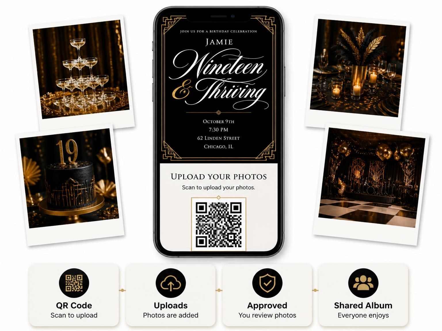 The shared photo gallery that comes with the Art Deco 19th Birthday Invitation invitation
