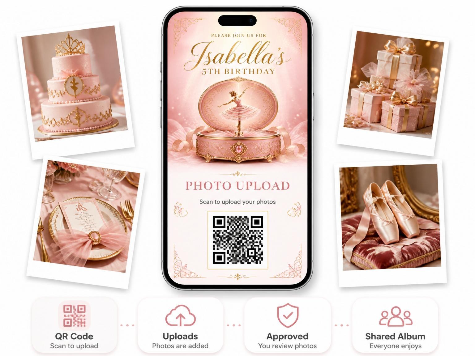 The shared photo gallery that comes with the Pink Ballerina Music Box 5th Birthday invitation