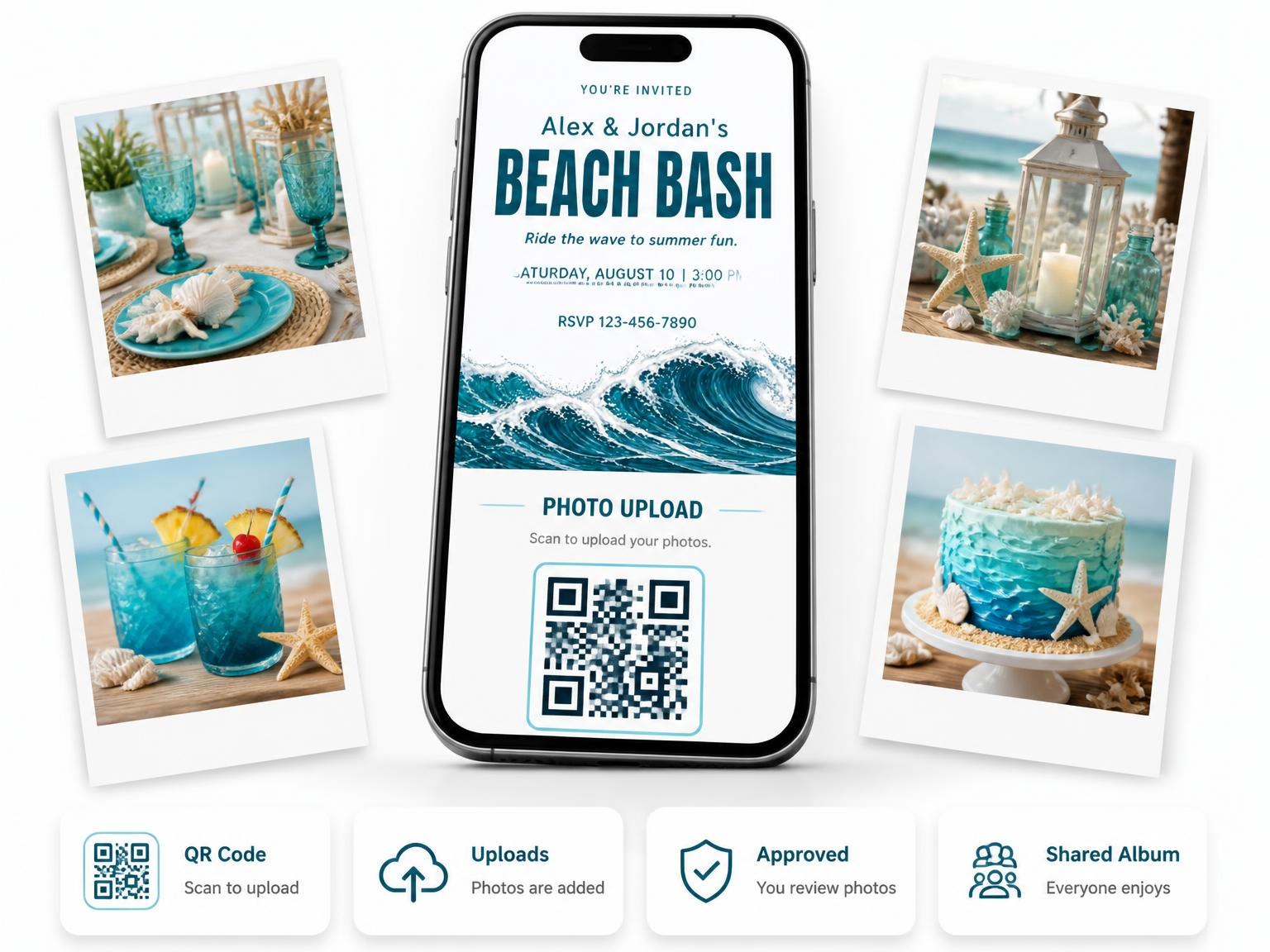 The shared photo gallery that comes with the Teal Wave Beach Party Invitation invitation