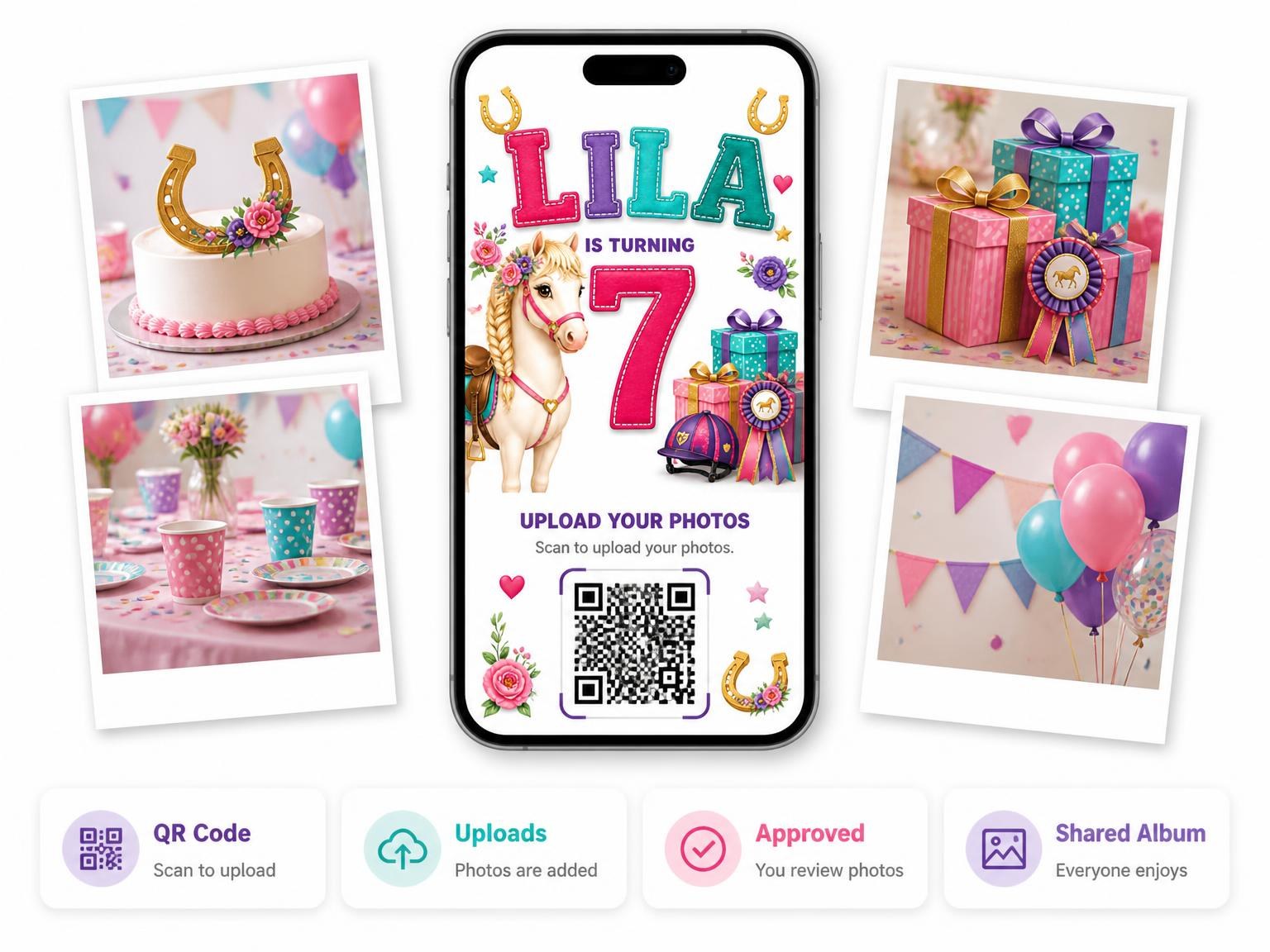 The shared photo gallery that comes with the Horse 7th Birthday Invitation invitation