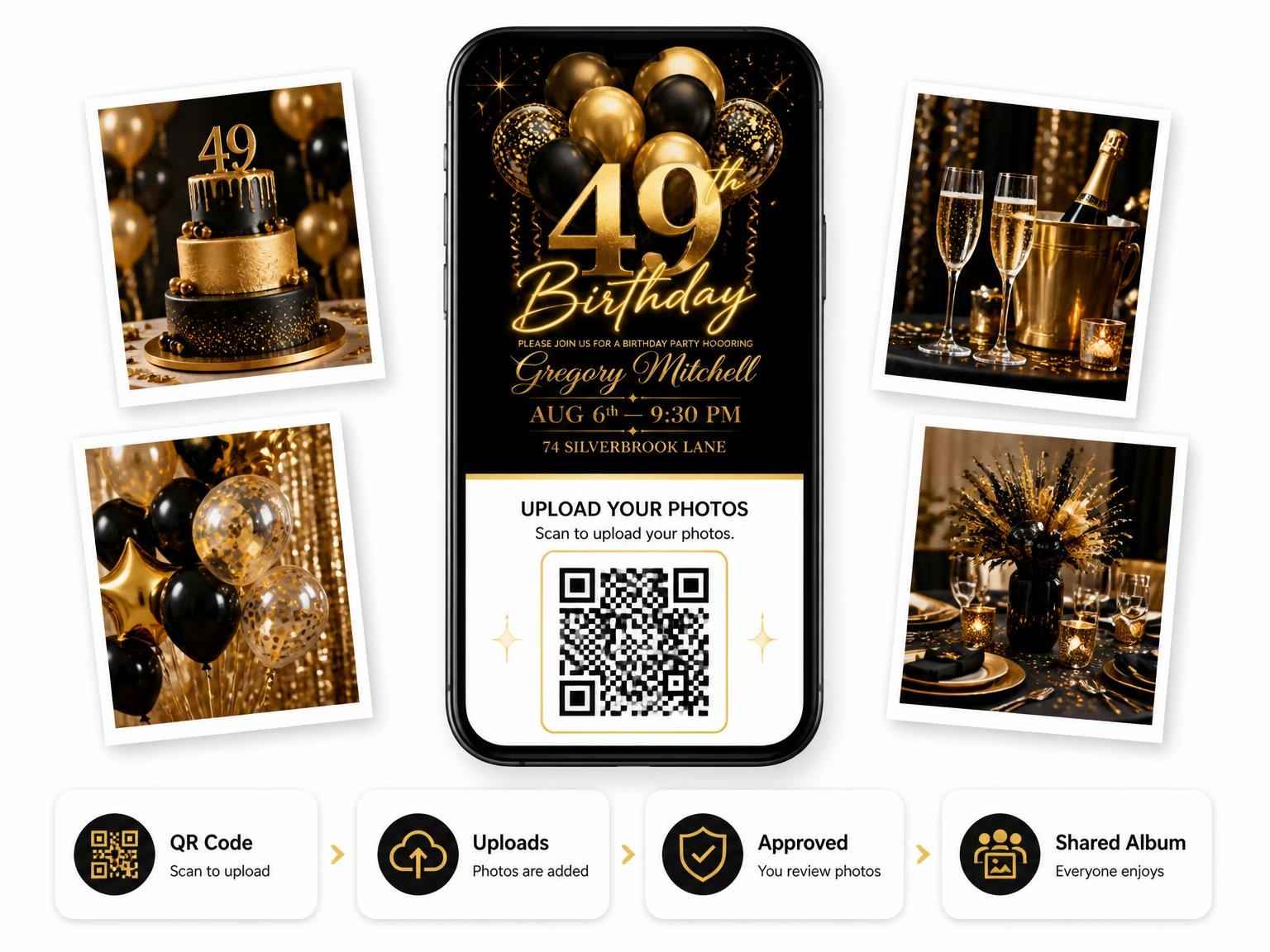 The shared photo gallery that comes with the Black and Gold Balloon 49th Birthday invitation