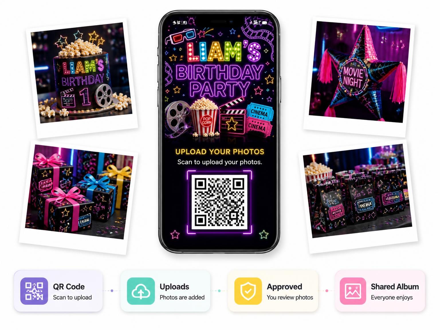 The shared photo gallery that comes with the Neon Movie Night 1st Birthday Invitation invitation