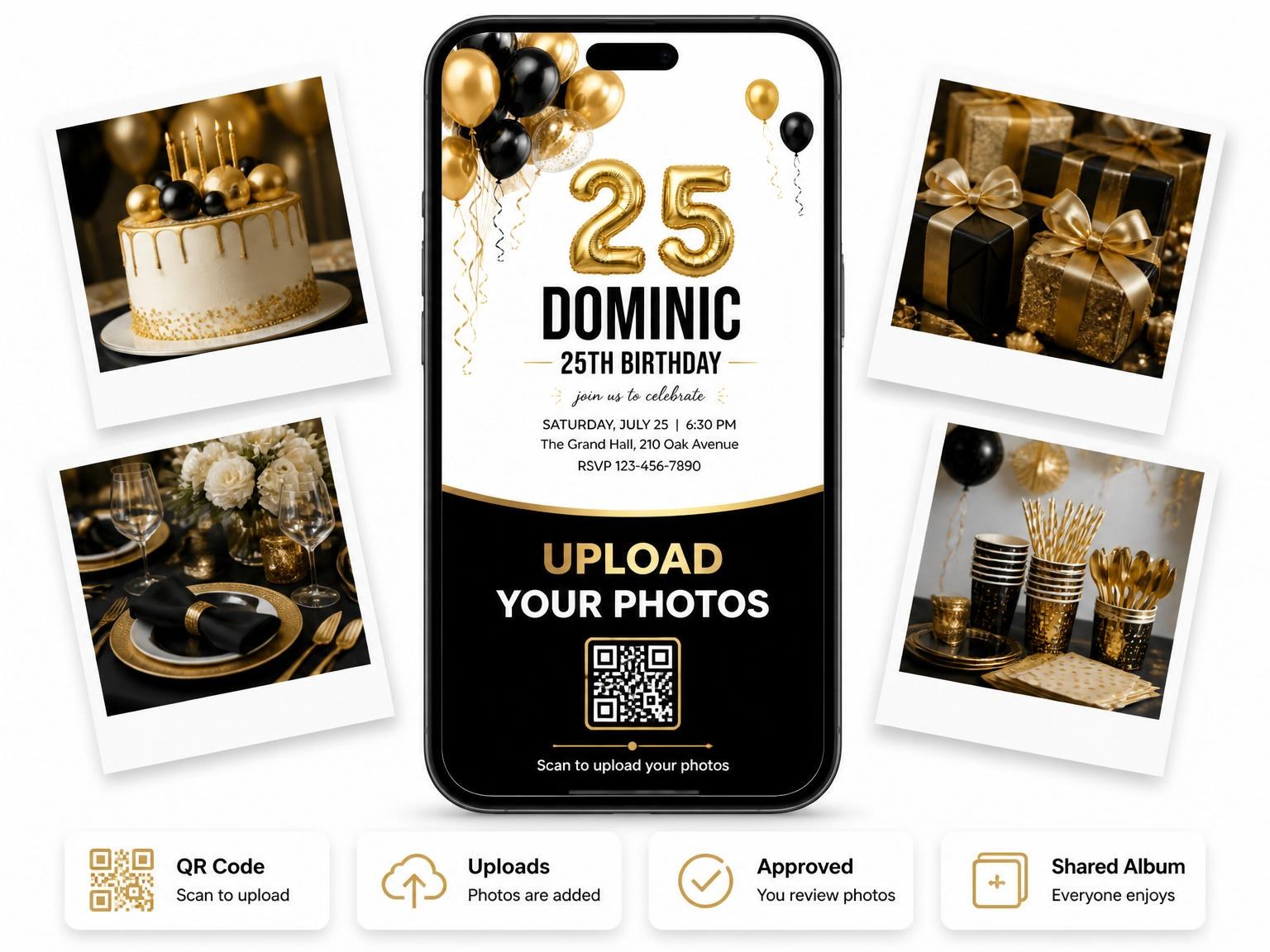 The shared photo gallery that comes with the Gold Balloon Black-Tie 25th Birthday invitation