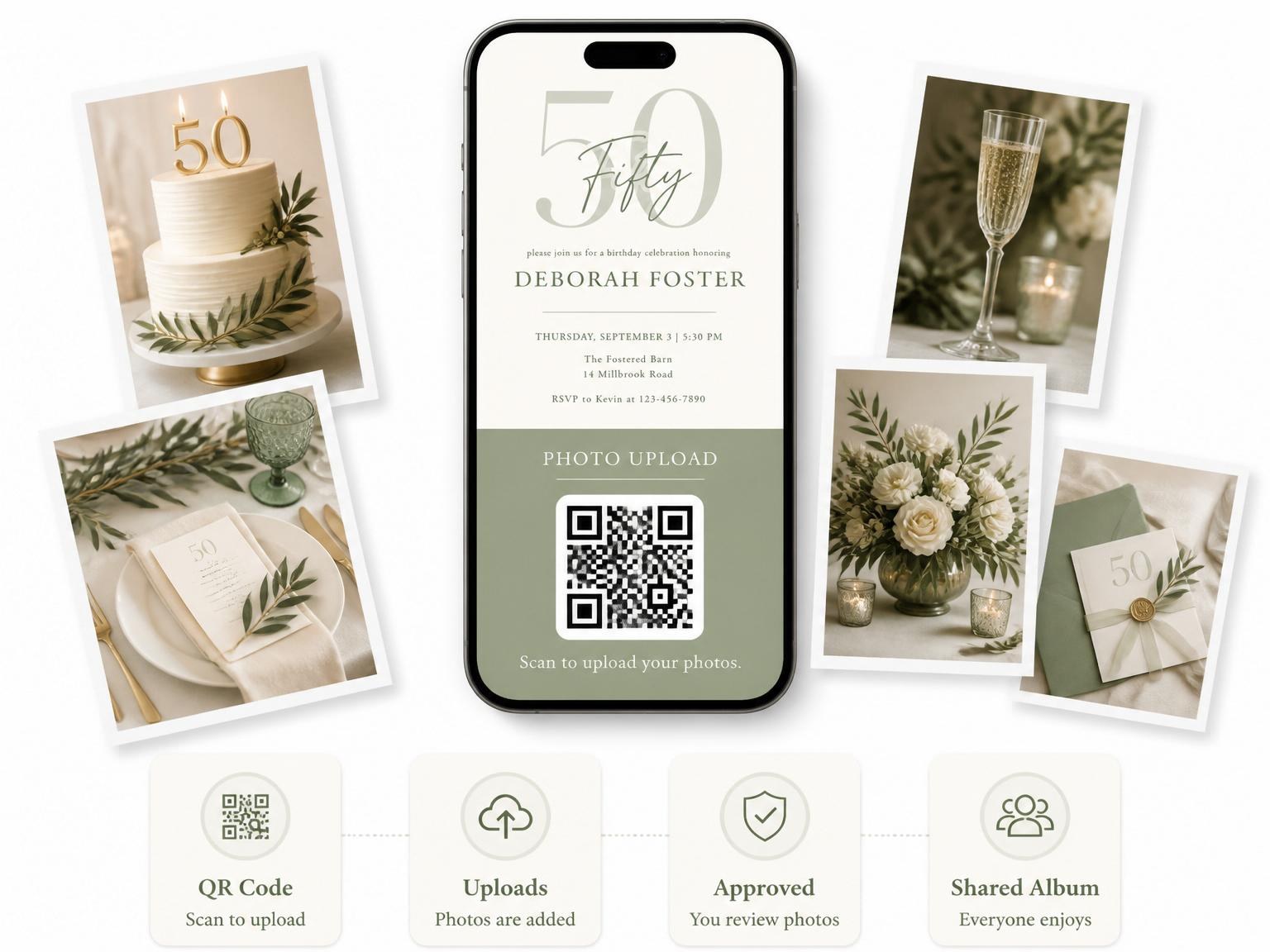 The shared photo gallery that comes with the Cream and Sage 50th Birthday invitation