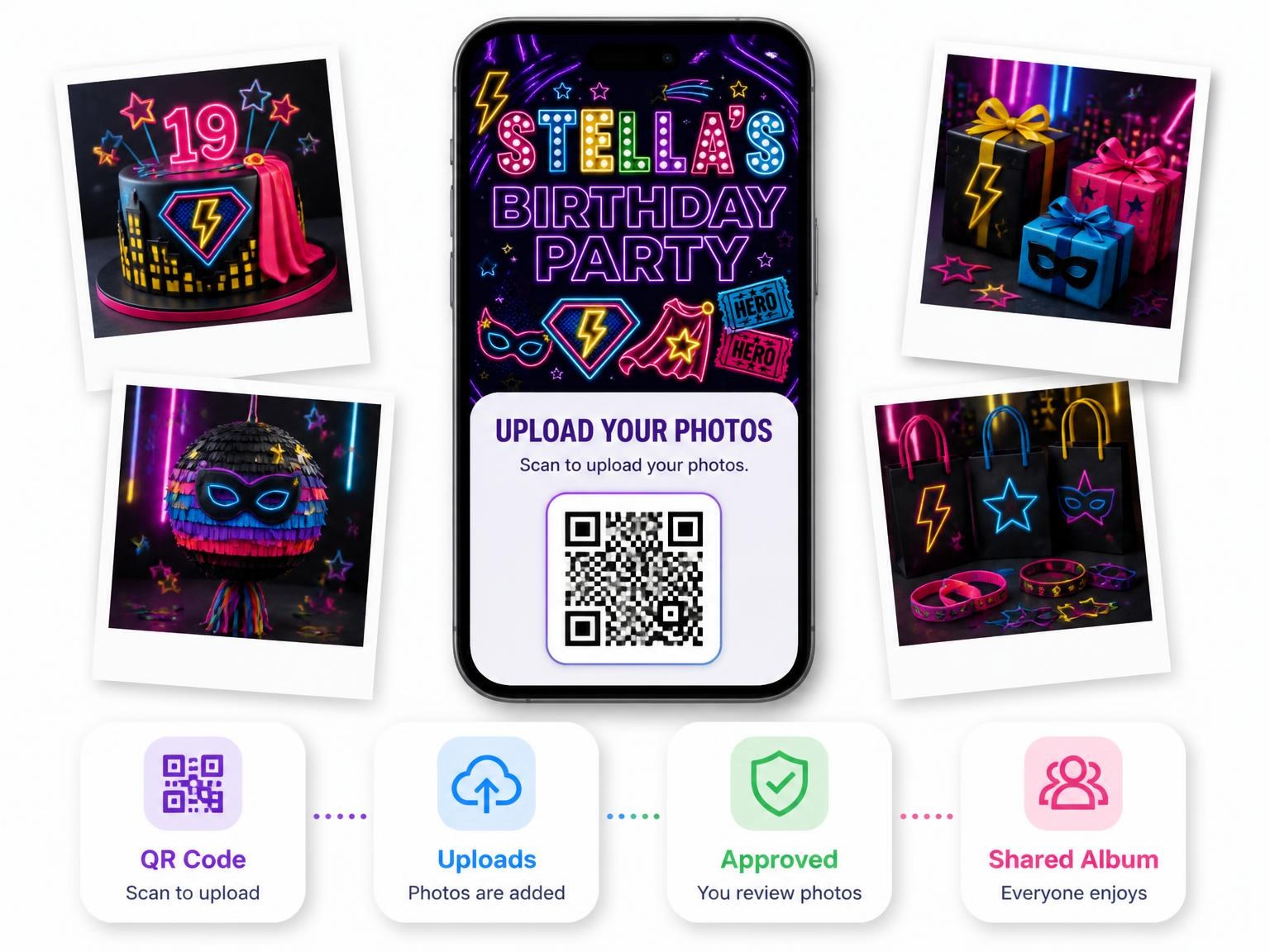 The shared photo gallery that comes with the Neon Superhero 19th Birthday Invitation invitation