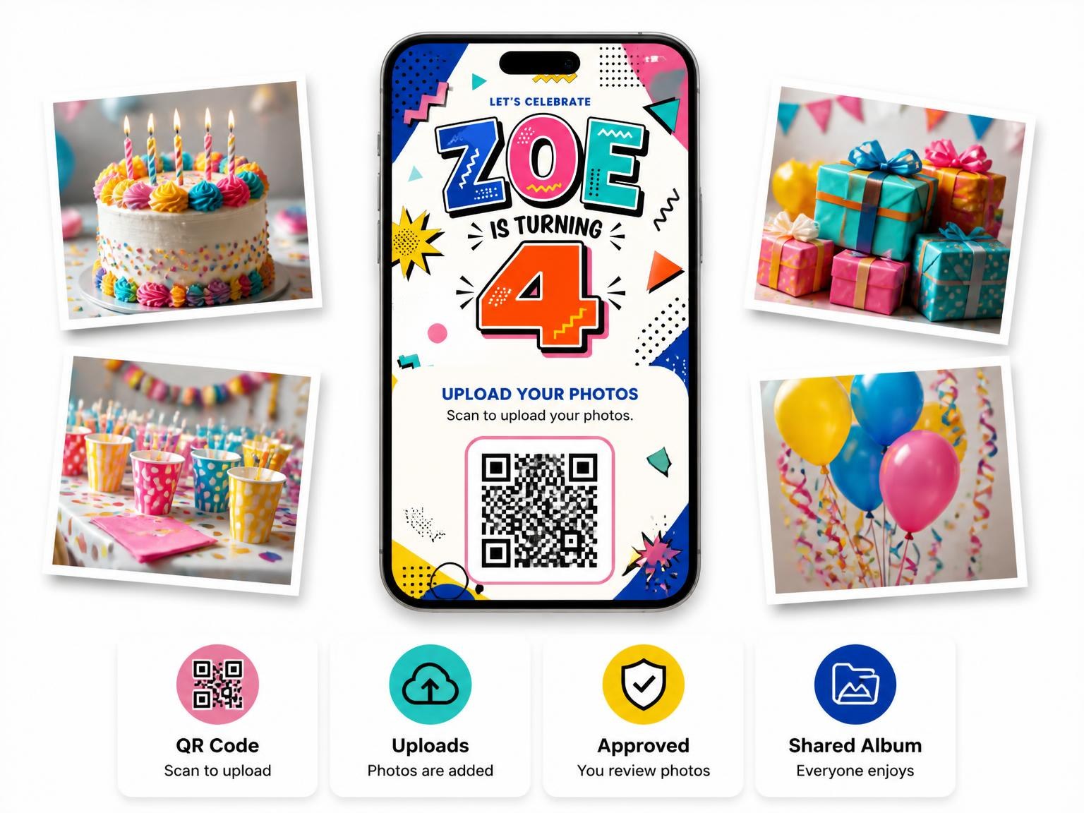 The shared photo gallery that comes with the Memphis Pop 4th Birthday Invitation invitation