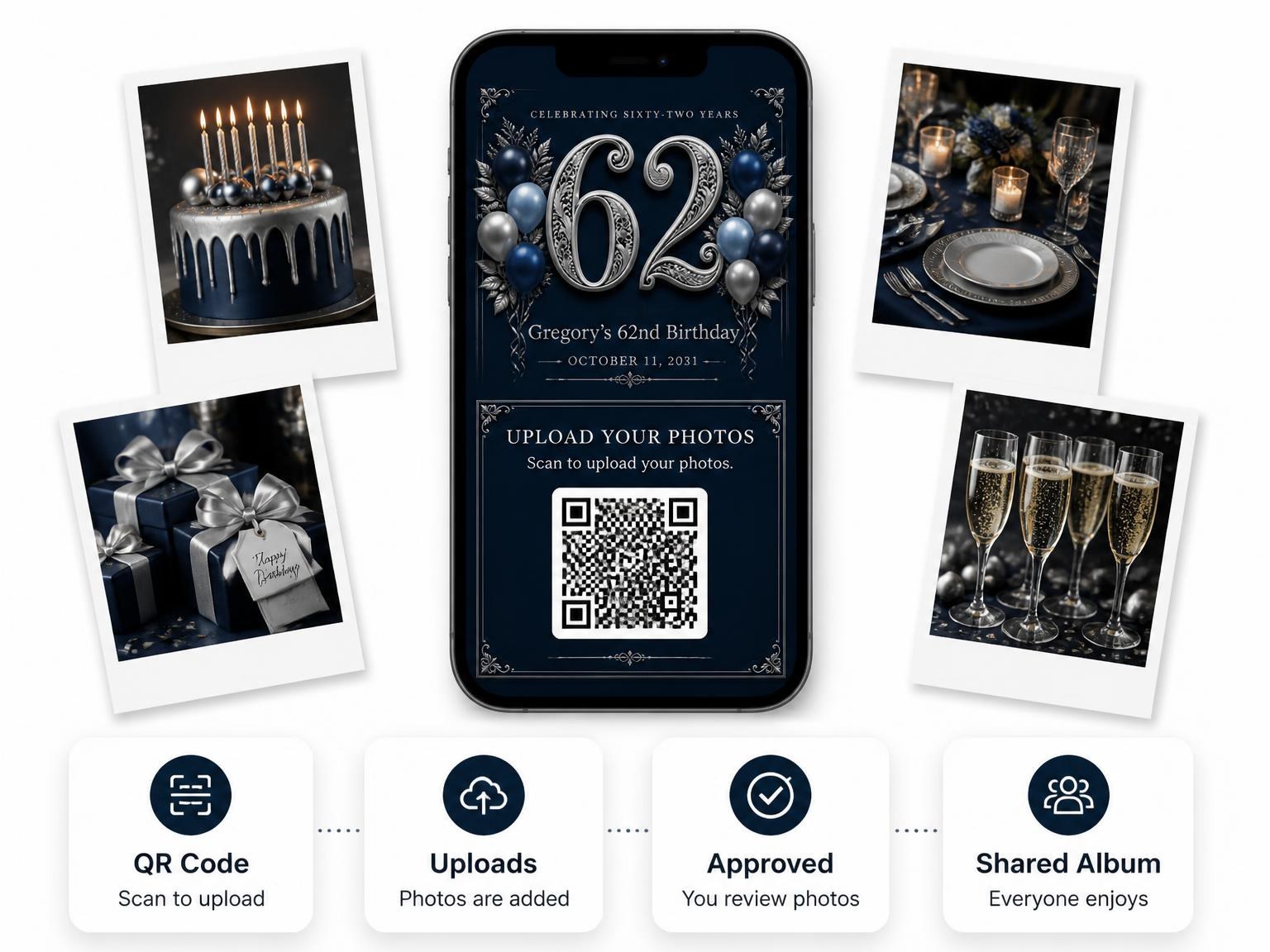The shared photo gallery that comes with the Navy and Silver 62nd Birthday Invitation invitation