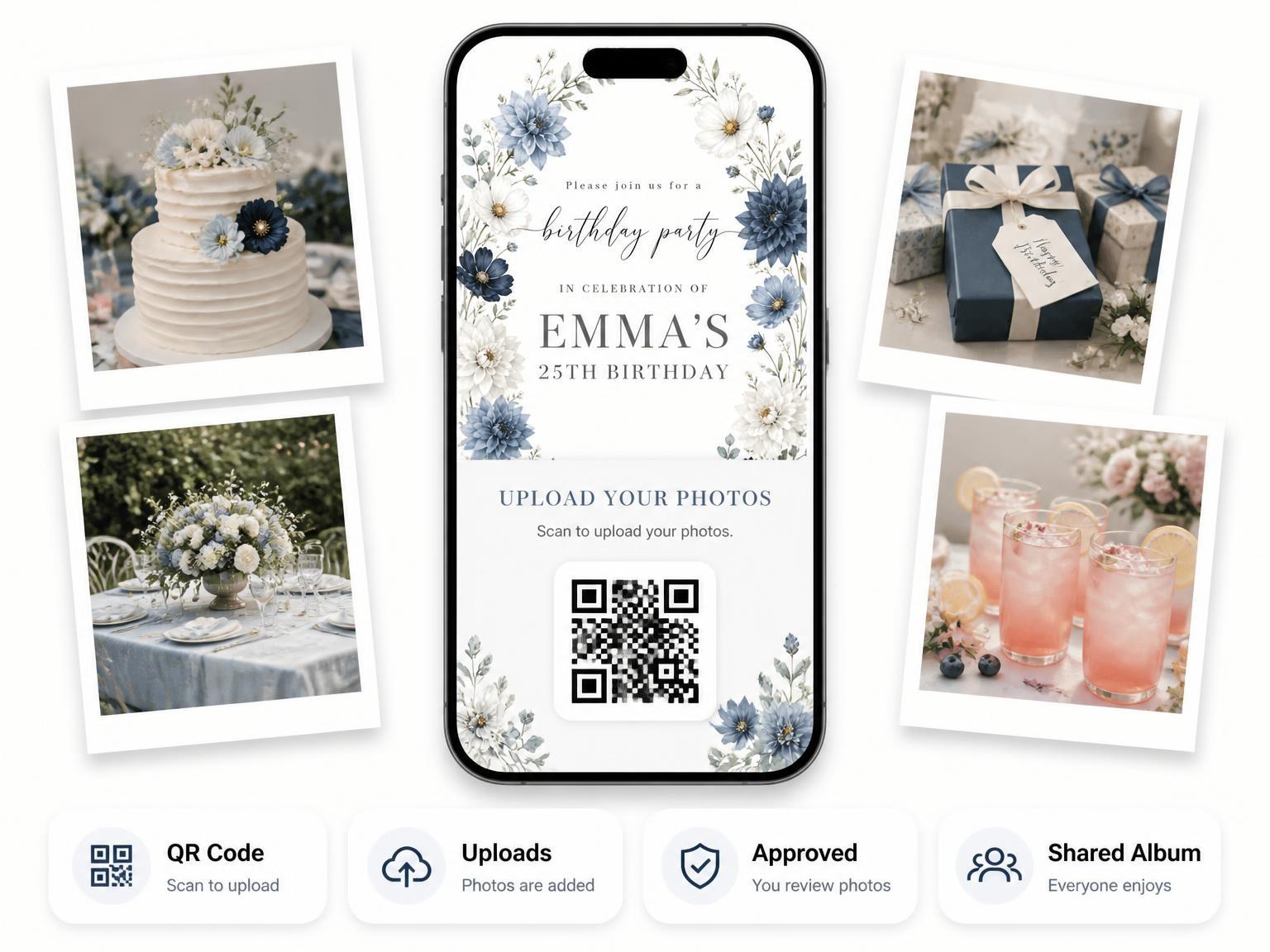The shared photo gallery that comes with the Floral Wreath Dusty Blue 25th Birthday Invitation invitation