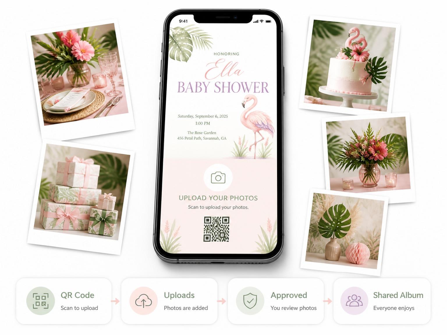 The shared photo gallery that comes with the Blush Flamingo Tropical Baby Shower invitation