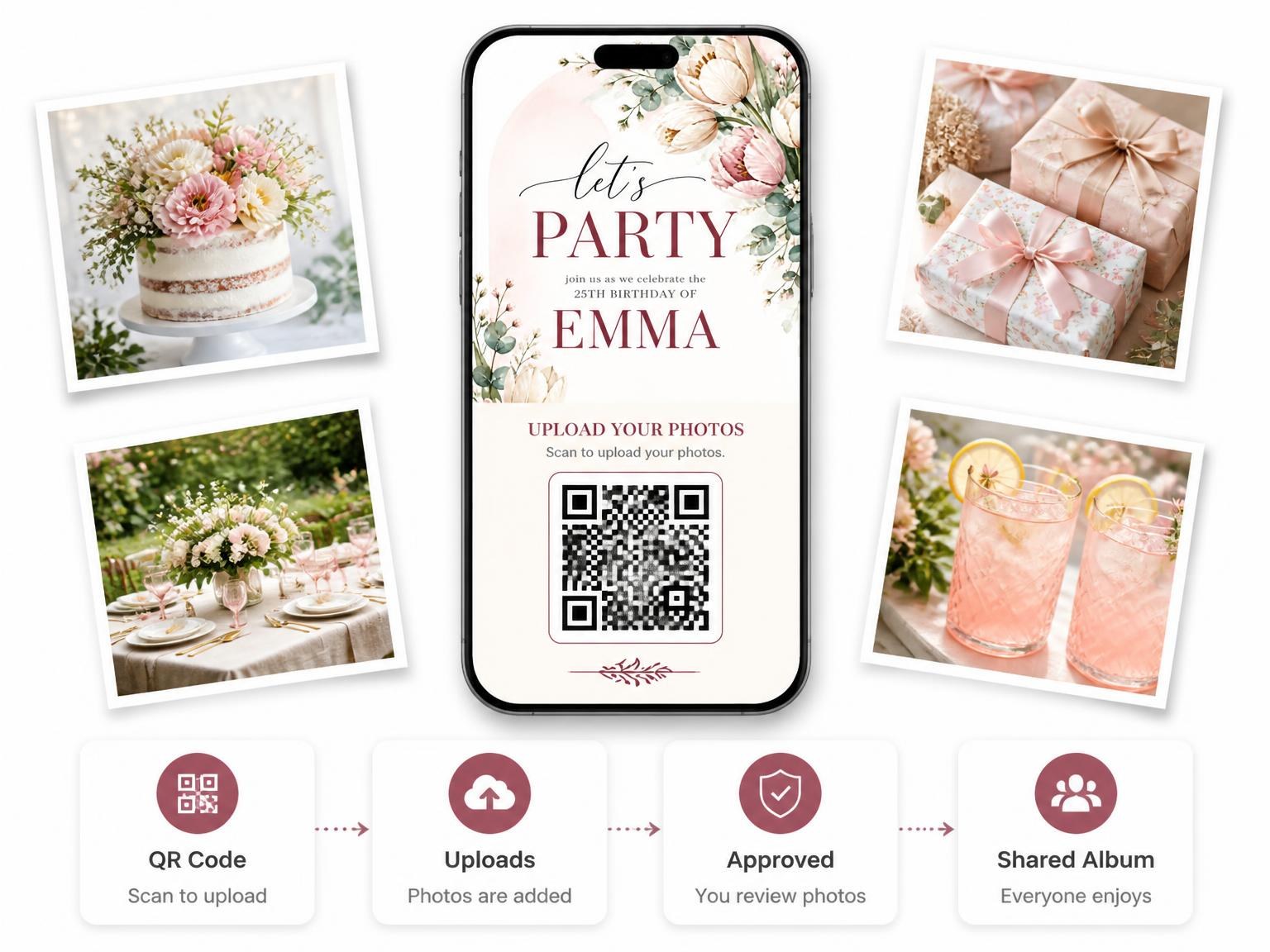 The shared photo gallery that comes with the Eucalyptus Bouquet Ivory 25th Birthday Invitation invitation