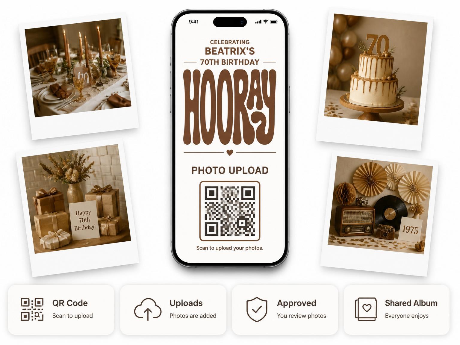 The shared photo gallery that comes with the Brown Groovy Typography 70th Birthday invitation