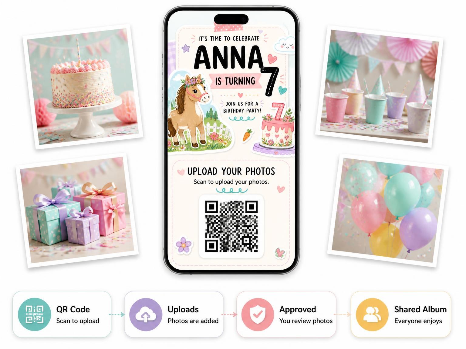 The shared photo gallery that comes with the Pony Pastel Scrapbook 7th Birthday Invitation invitation