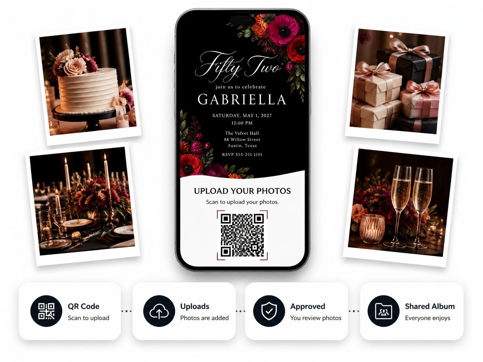 The shared photo gallery that comes with the Black Floral 52nd Birthday Invitation invitation