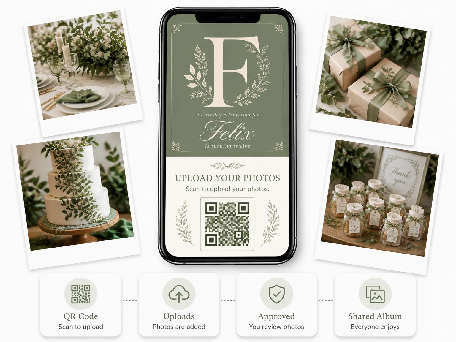 The shared photo gallery that comes with the Sage Green Monogram Botanical 12th Birthday invitation