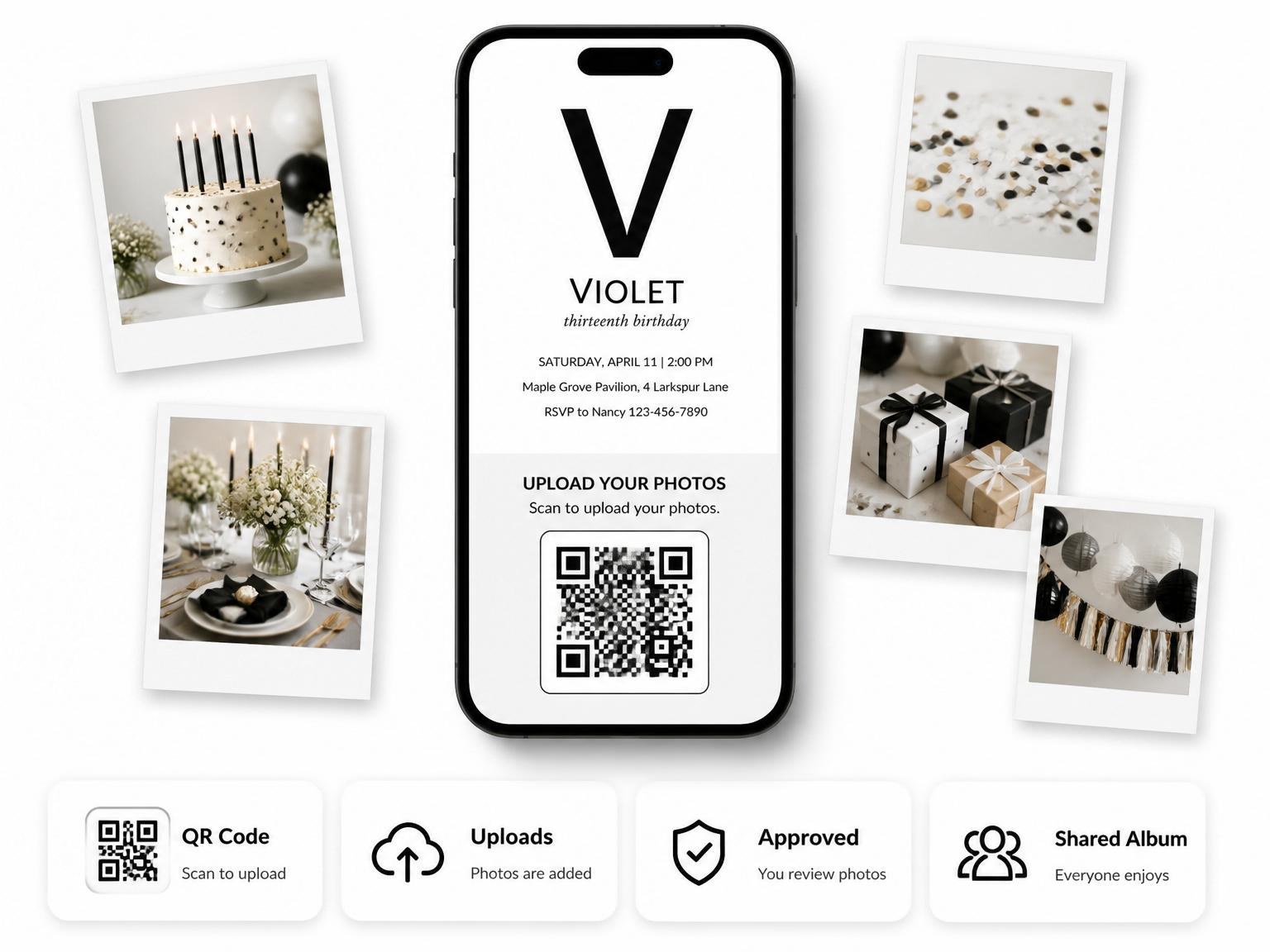 The shared photo gallery that comes with the Black Monogram V Birthday invitation