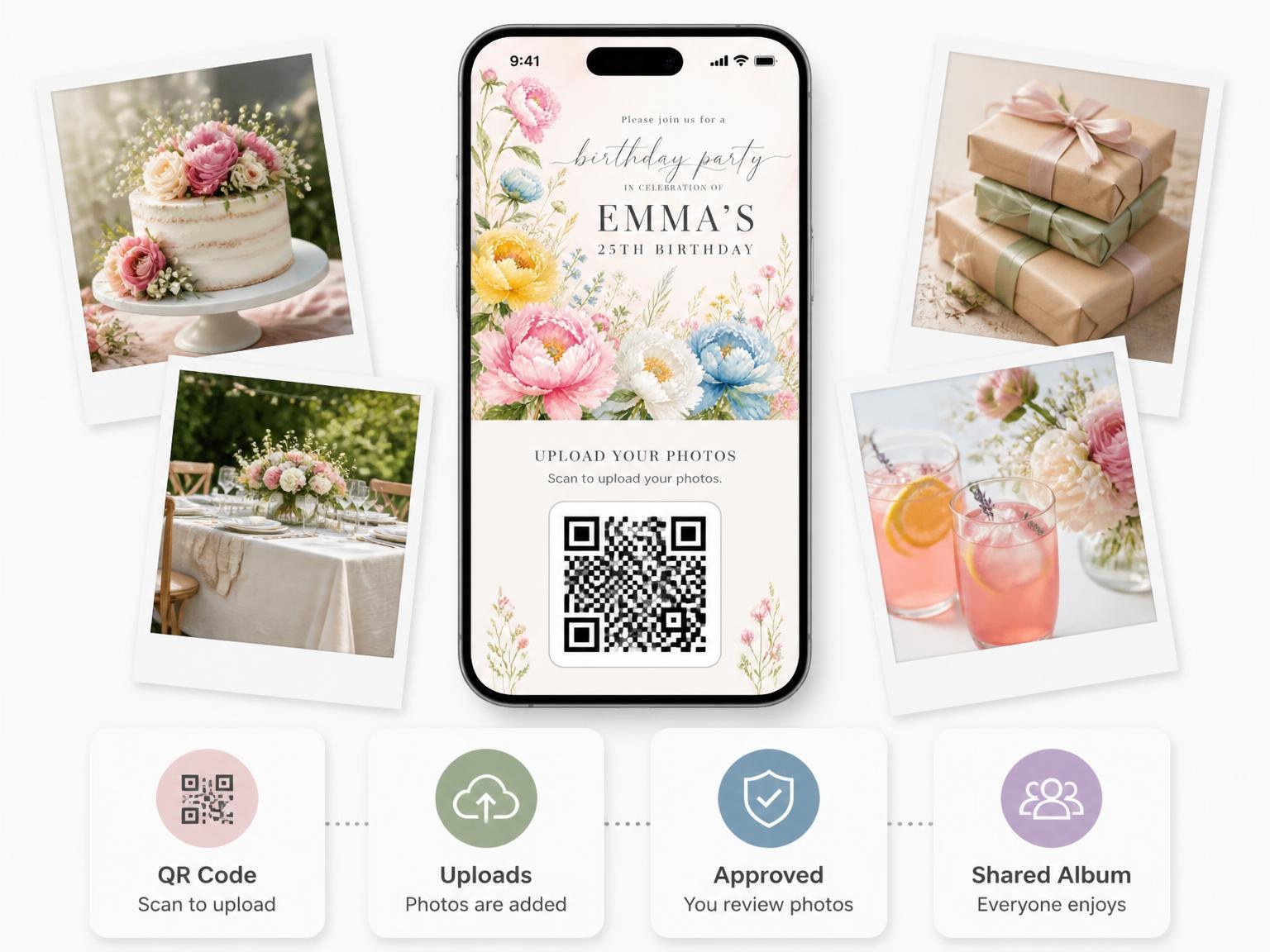 The shared photo gallery that comes with the Spring Floral Garden 25th Birthday Invitation invitation