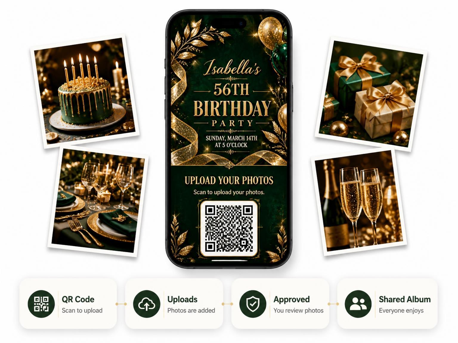 The shared photo gallery that comes with the Emerald and Champagne 56th Birthday Invitation invitation