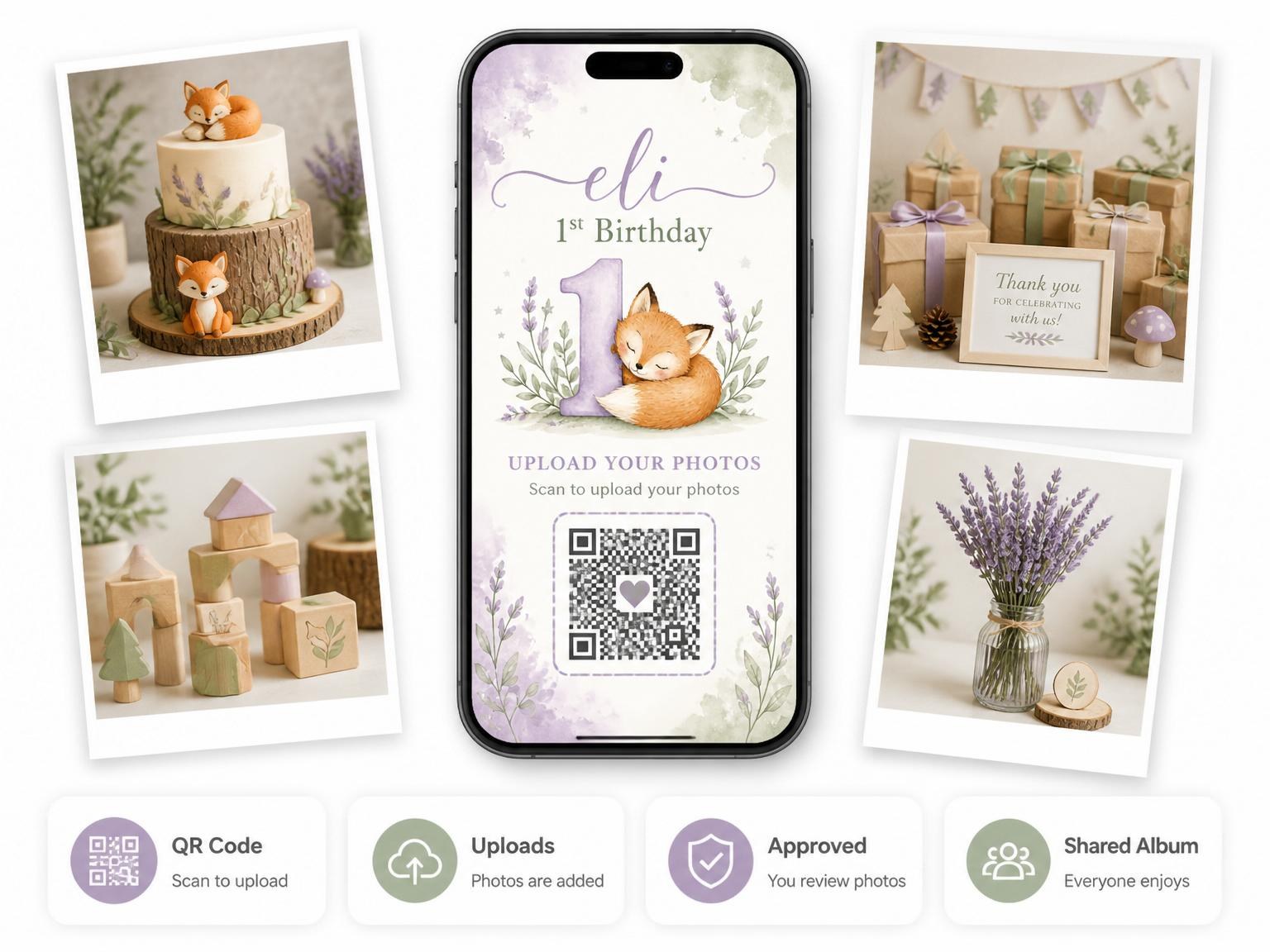 The shared photo gallery that comes with the Watercolor Sleeping Fox First Birthday invitation