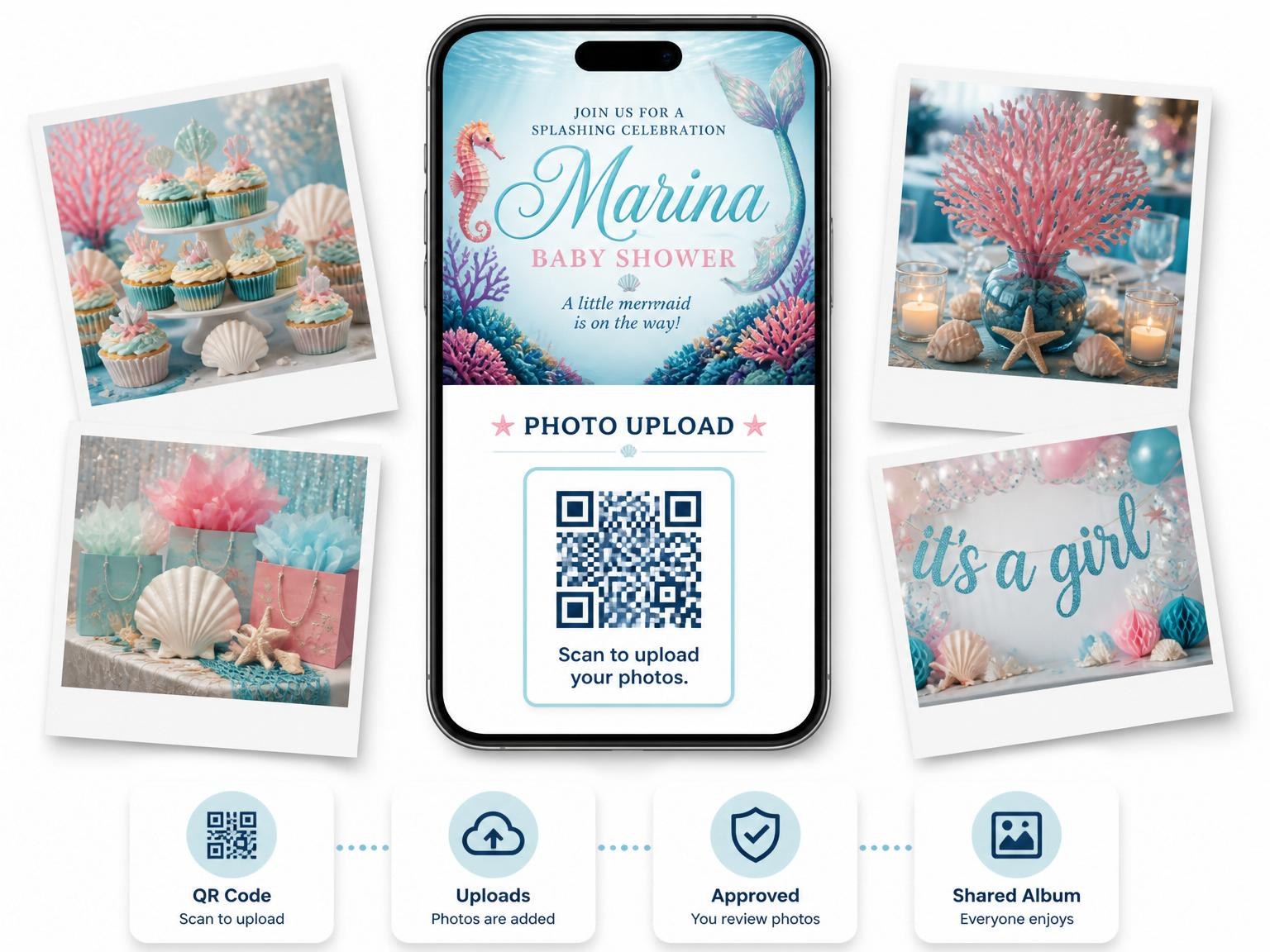 The shared photo gallery that comes with the Deep Sea Mermaid Baby Shower invitation